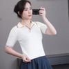 Áo len T65 ngắn tay có cổ style Hàn / KEM VIỀN NÂU