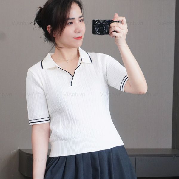 Áo len T66 ngắn tay có cổ style Hàn / TRẮNG VIỀN ĐEN