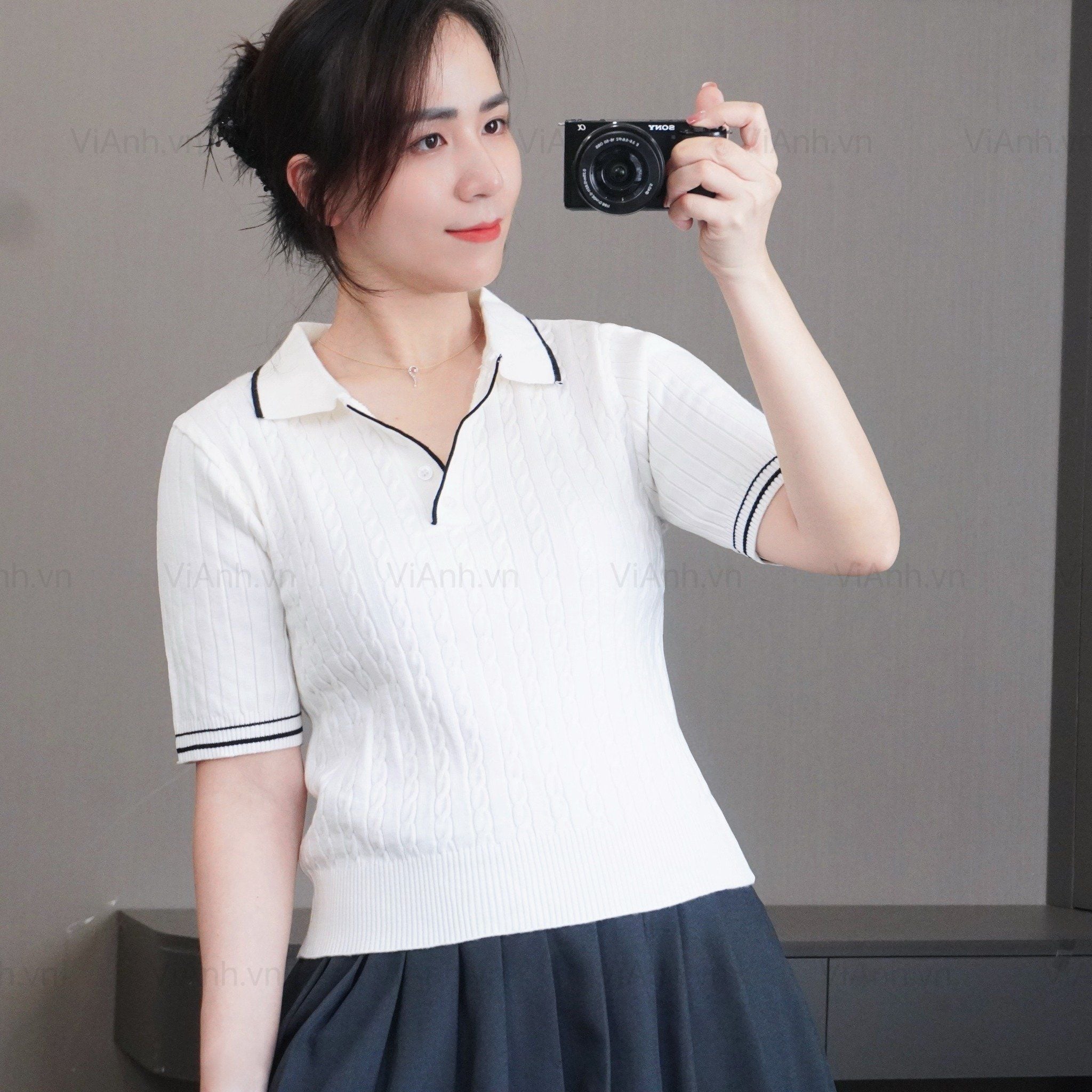 Áo len T66 ngắn tay có cổ style Hàn / TRẮNG VIỀN ĐEN