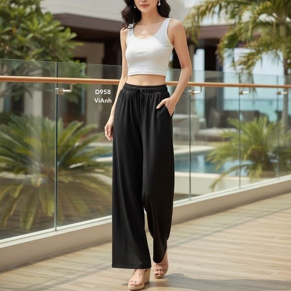 Quần dài ống rộng cạp chun style Hàn D958 / ĐEN
