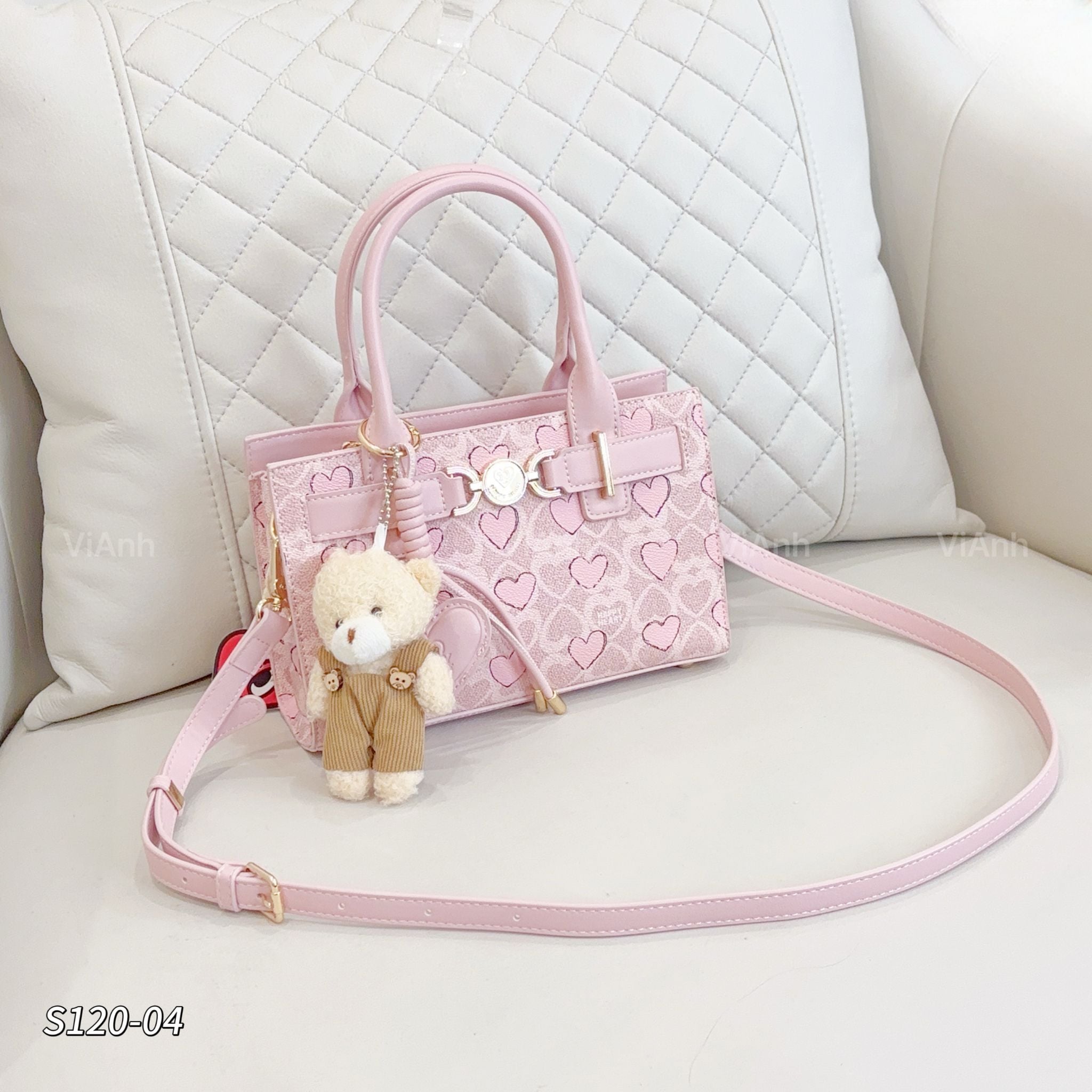 Túi S120 xách tay Happy Heart chữ nhật CĐC,CHR S120/ 24x15 / NÂU KEM - HỒNG