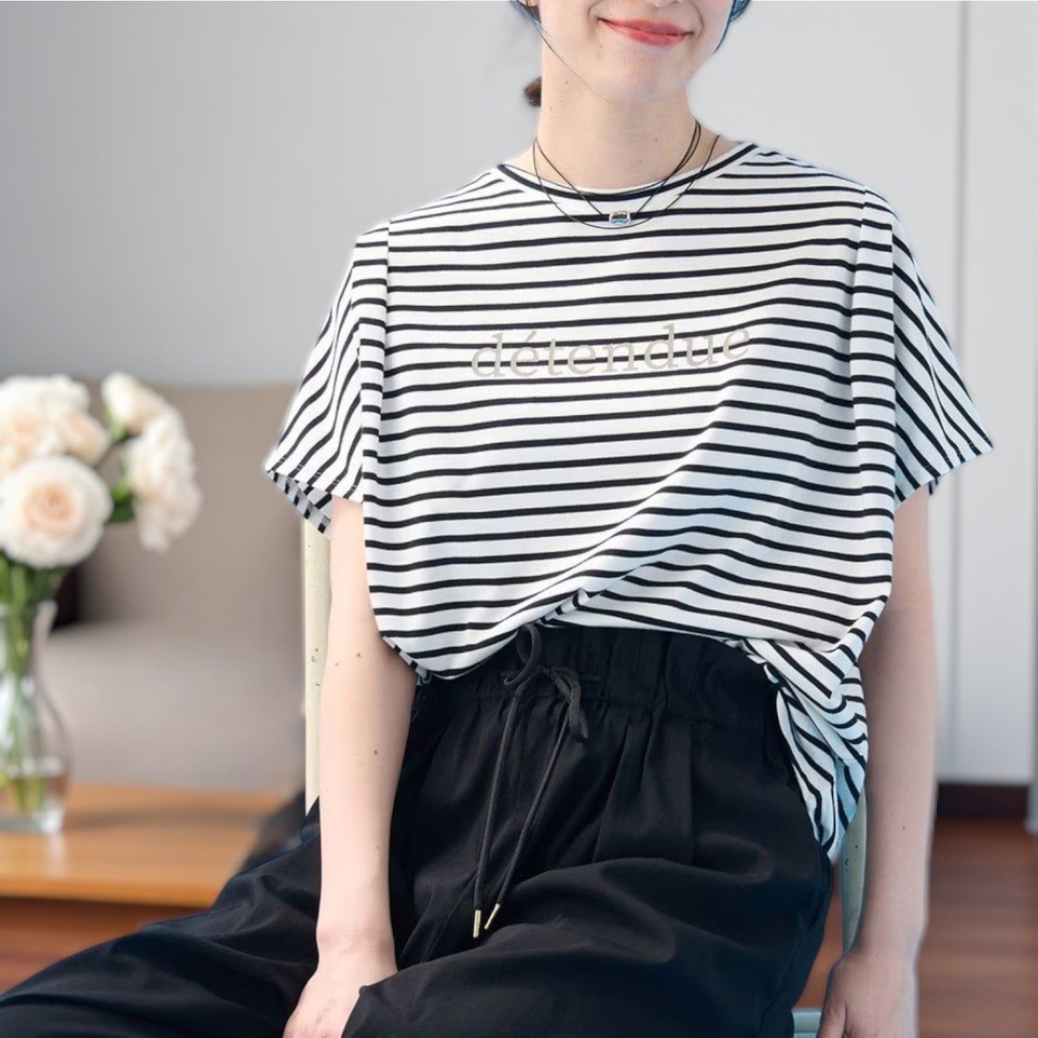 Áo A52 thun trơn tay chờm style Nhật A6252 / KẺ ĐEN