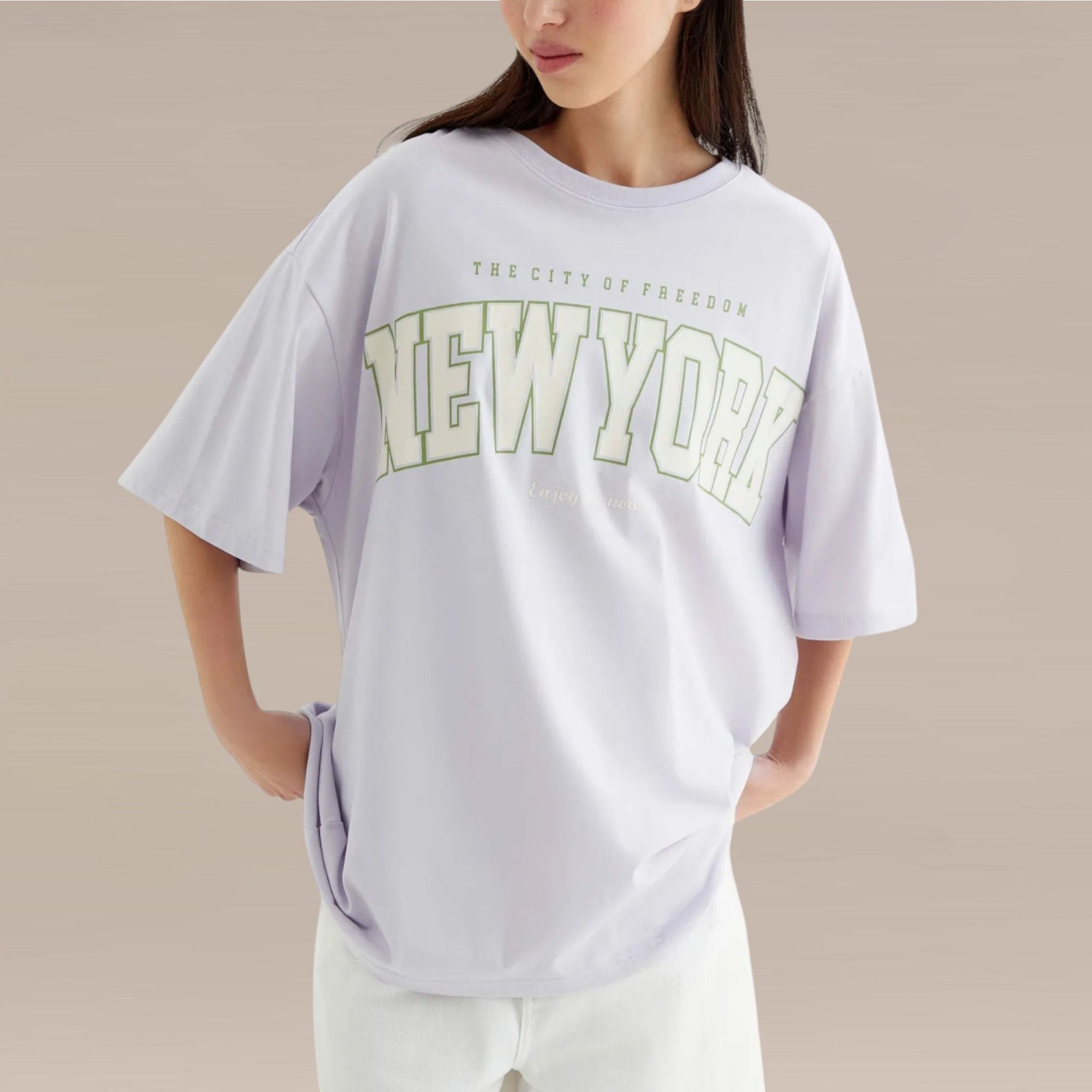 Áo thun in chữ A4915 / Tím phom rộng  ( T45 )