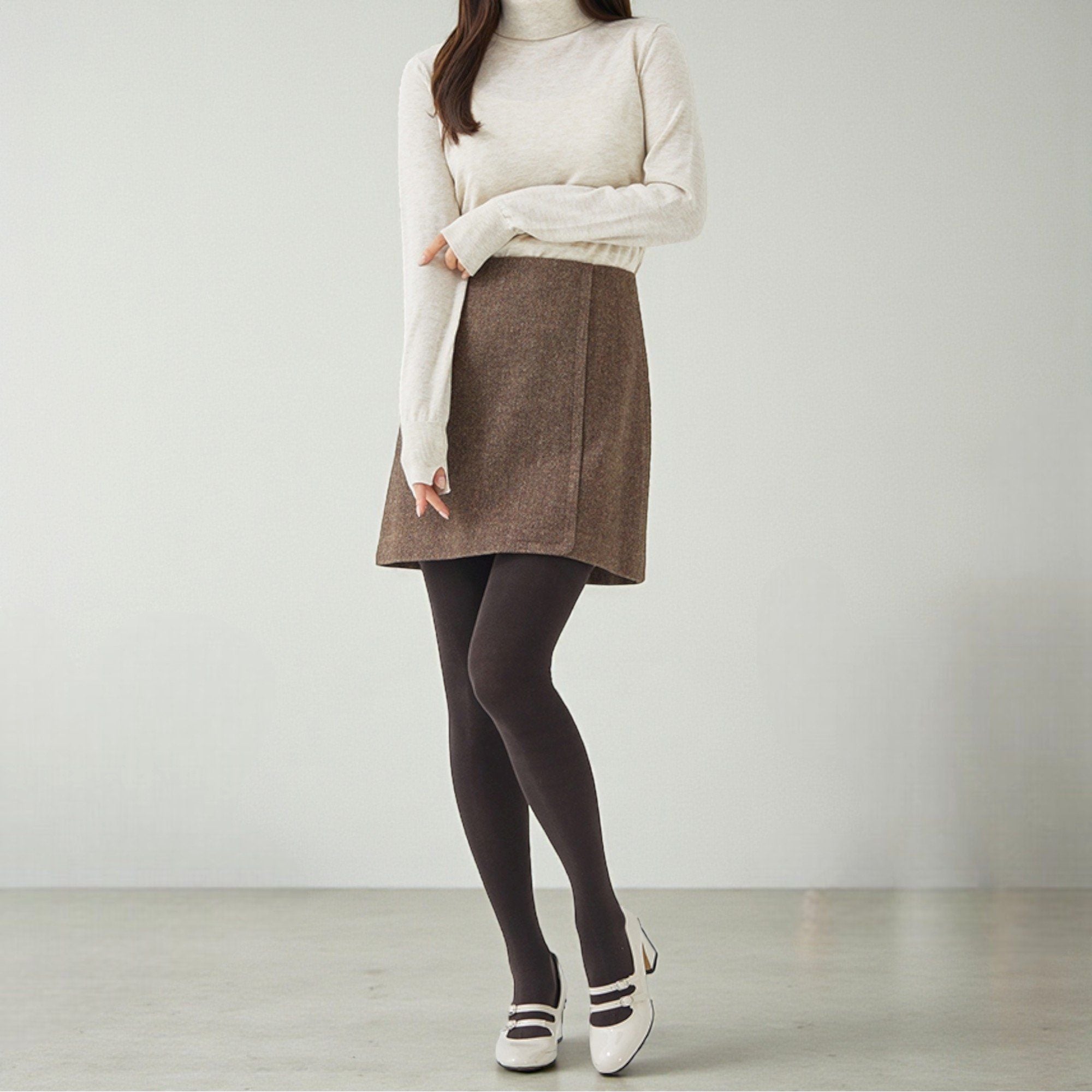 Váy dạ ngắn có lót style Hàn / Nâu T65 - Be kẻ T66