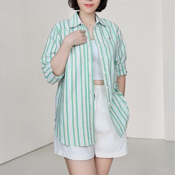 Áo sơ mi dài tay logo ngực D936 / XANH KẺ