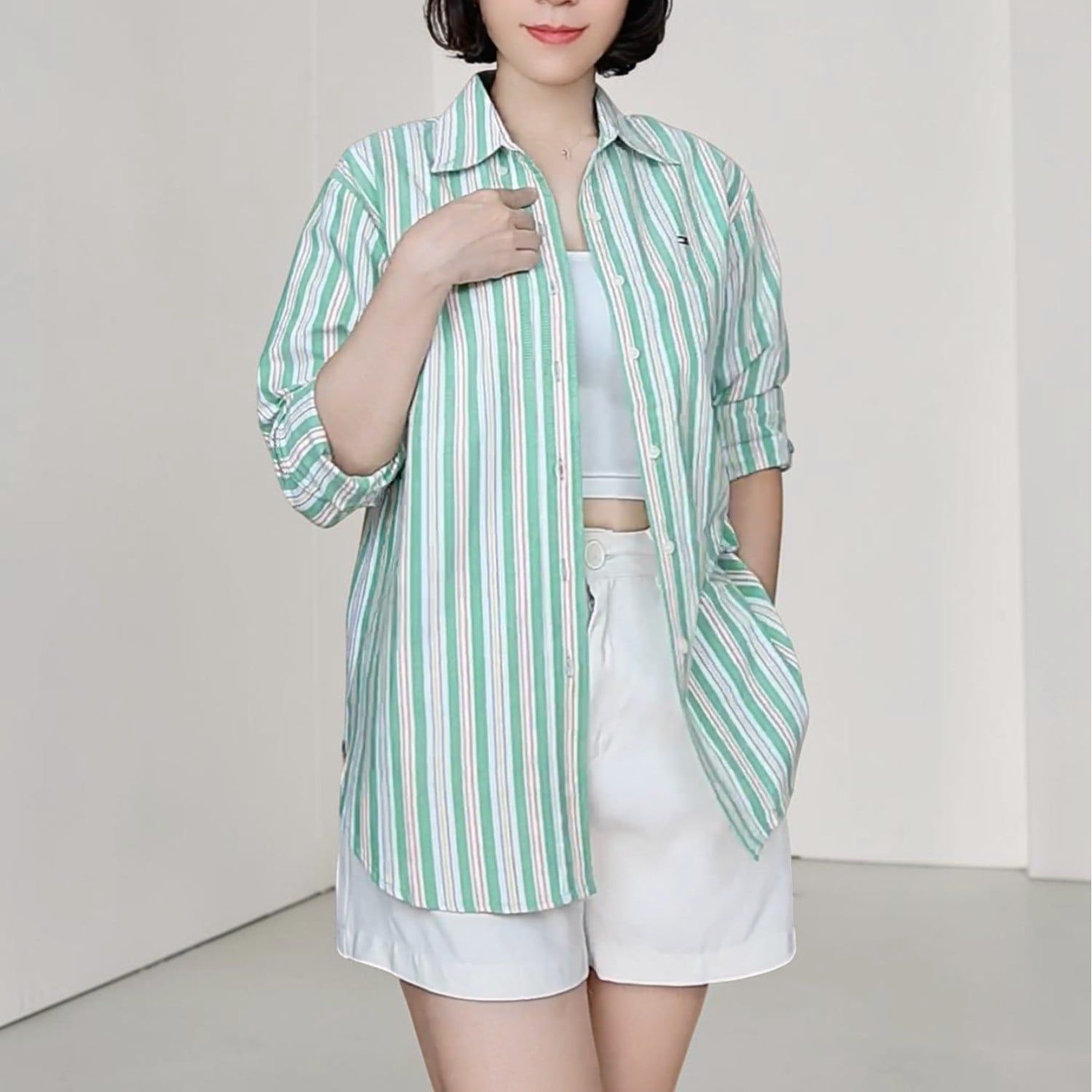 Áo sơ mi dài tay logo ngực D936 / XANH KẺ