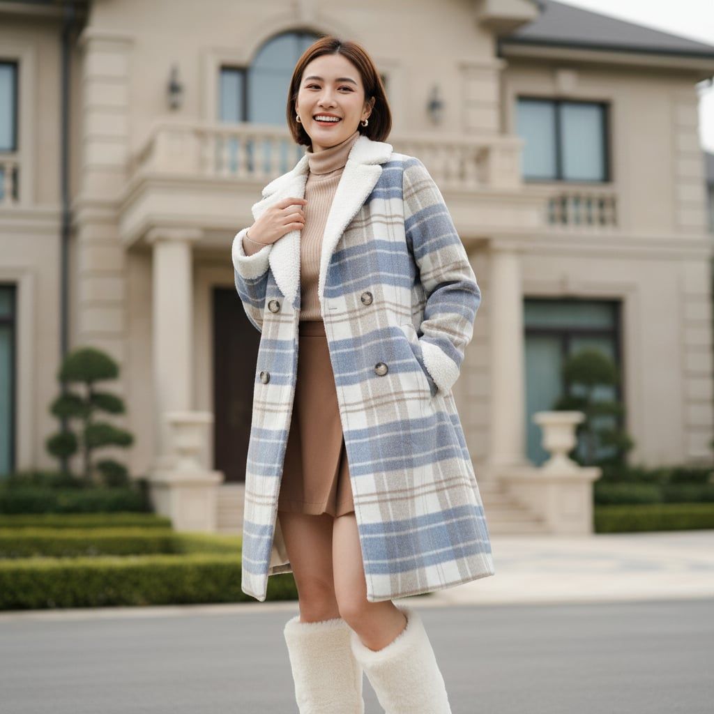 Áo dạ cổ lông cừu style US UK P68 / XANH KẺ BE