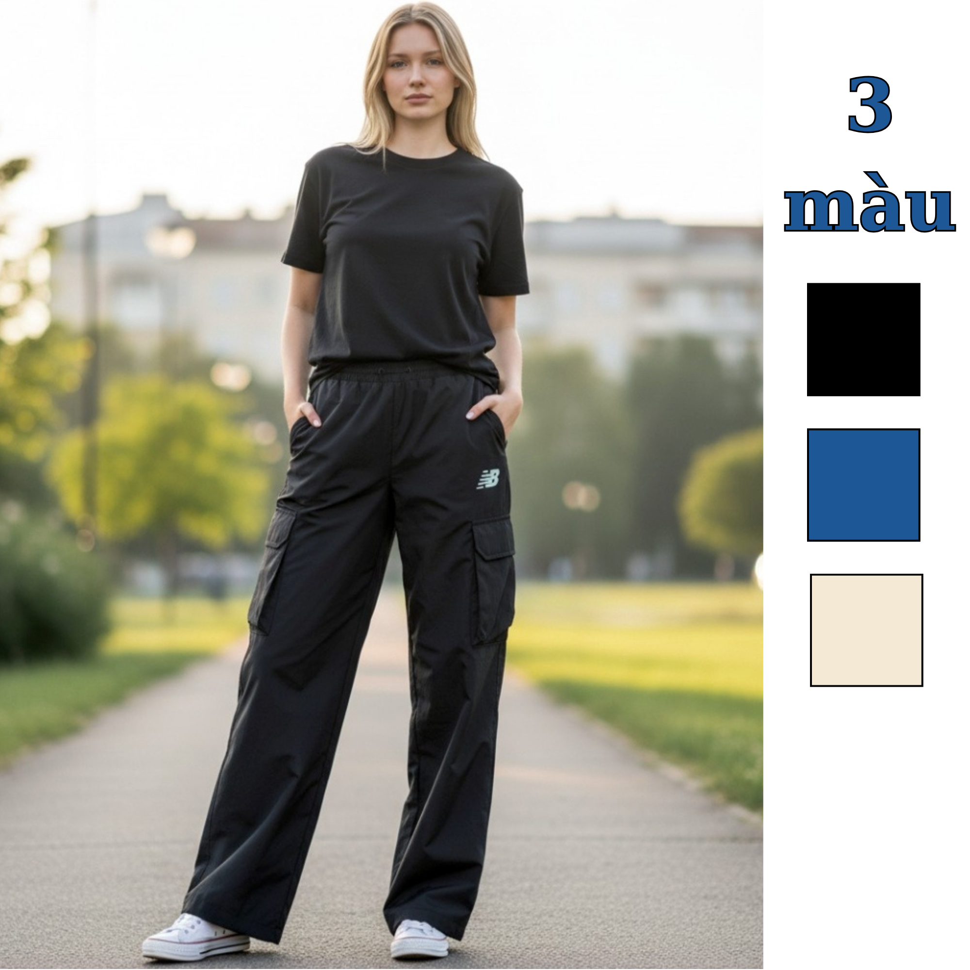 Quần Jogger gió ống rộng dây rút N.B / B9 đen - B10 trắng kem - B16 xanh dương
