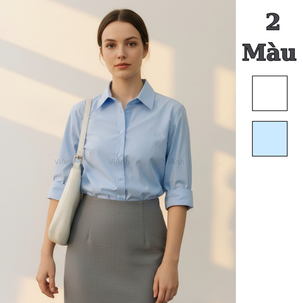 Áo sơ mi thêu chữ ngực style US UK / V2 trắng - V3 xanh