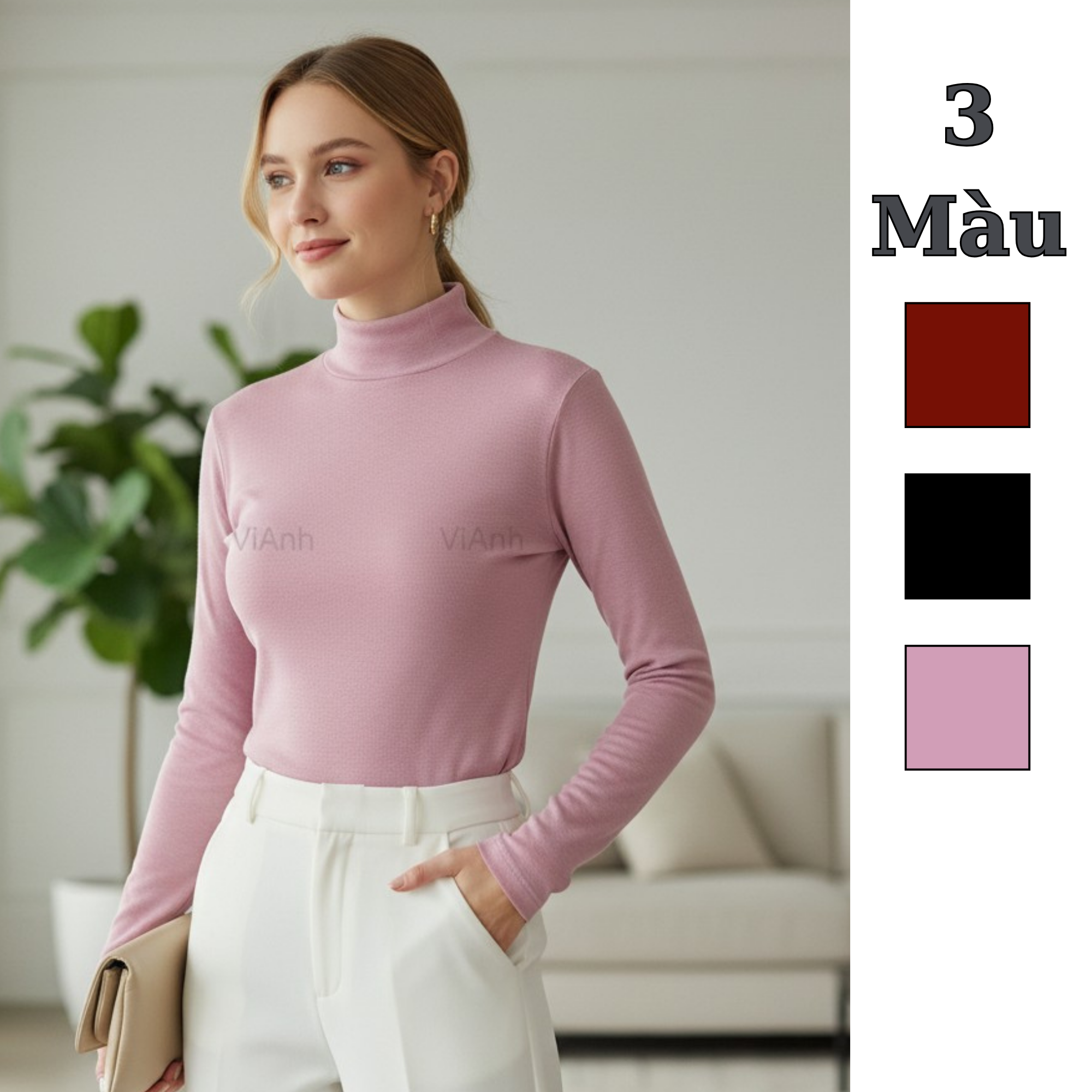 Áo len gân dài tay cao cổ Uni / Đen G60 - Hồng G61 - Nâu đỏ G63