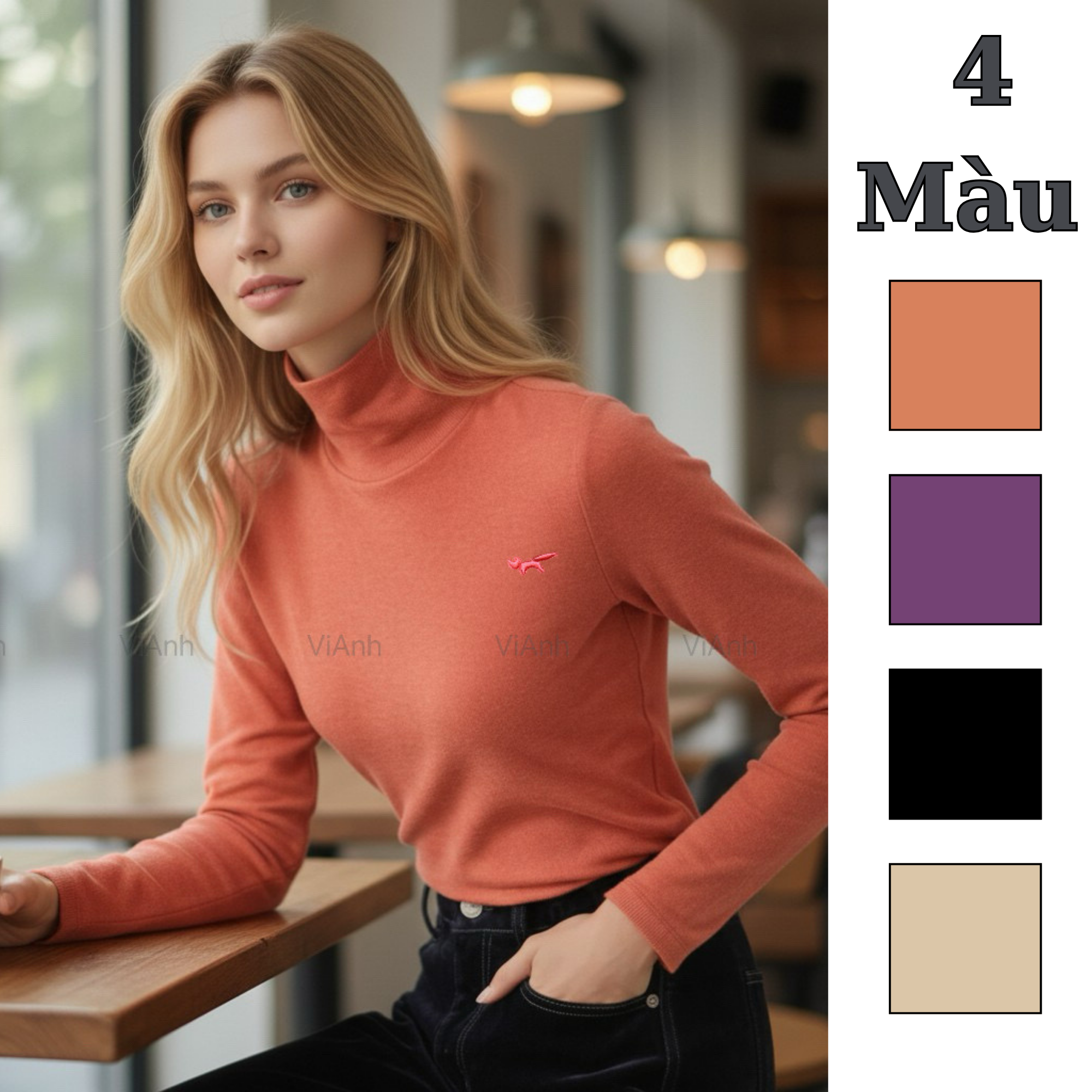 Áo thun cao cổ logo ngực style Hàn / Be V1 - Cam V2 - Tím V3 - Đen V4