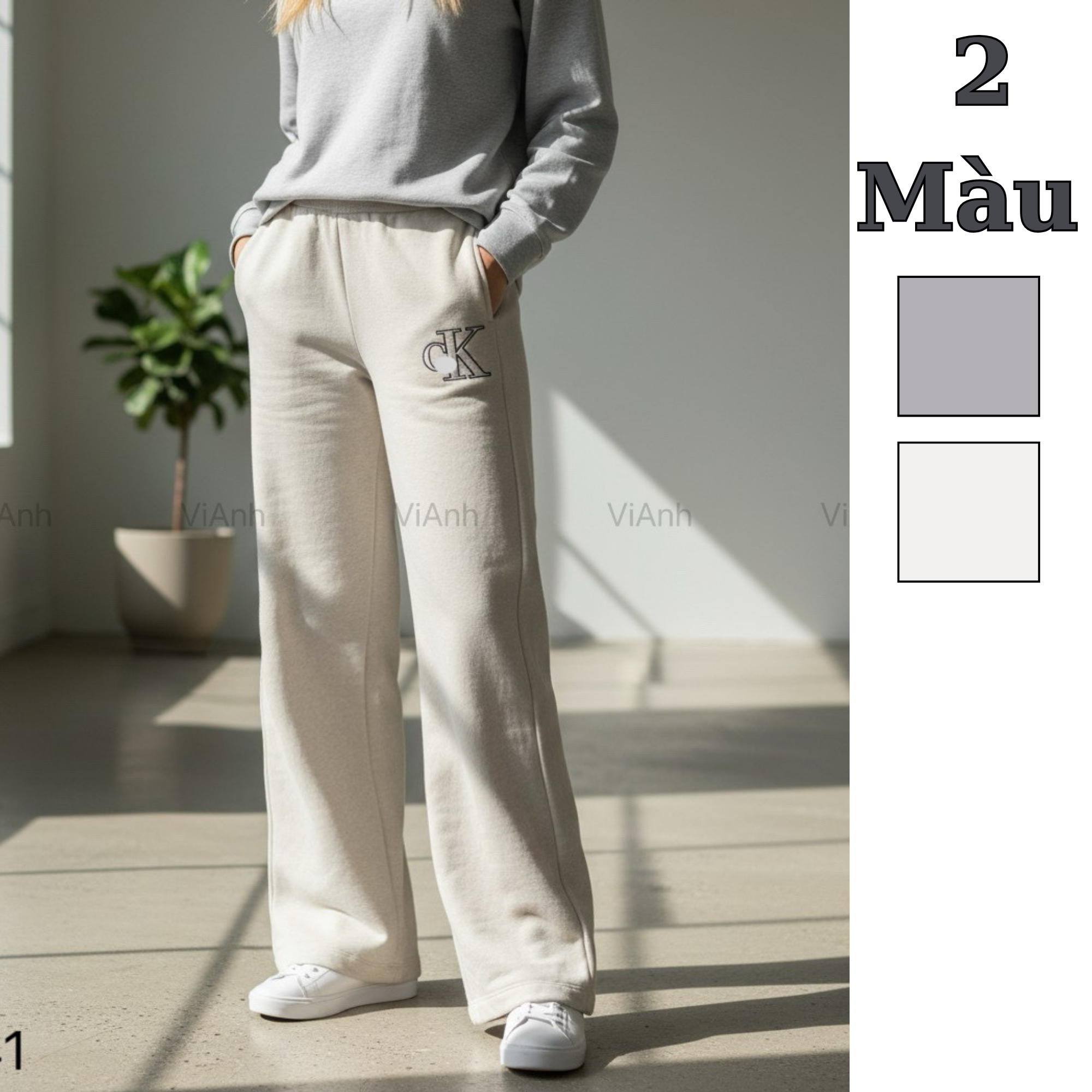 Quần nỉ ống rộng in chữ dập nổi style US UK / TRẮNG KEM - XÁM