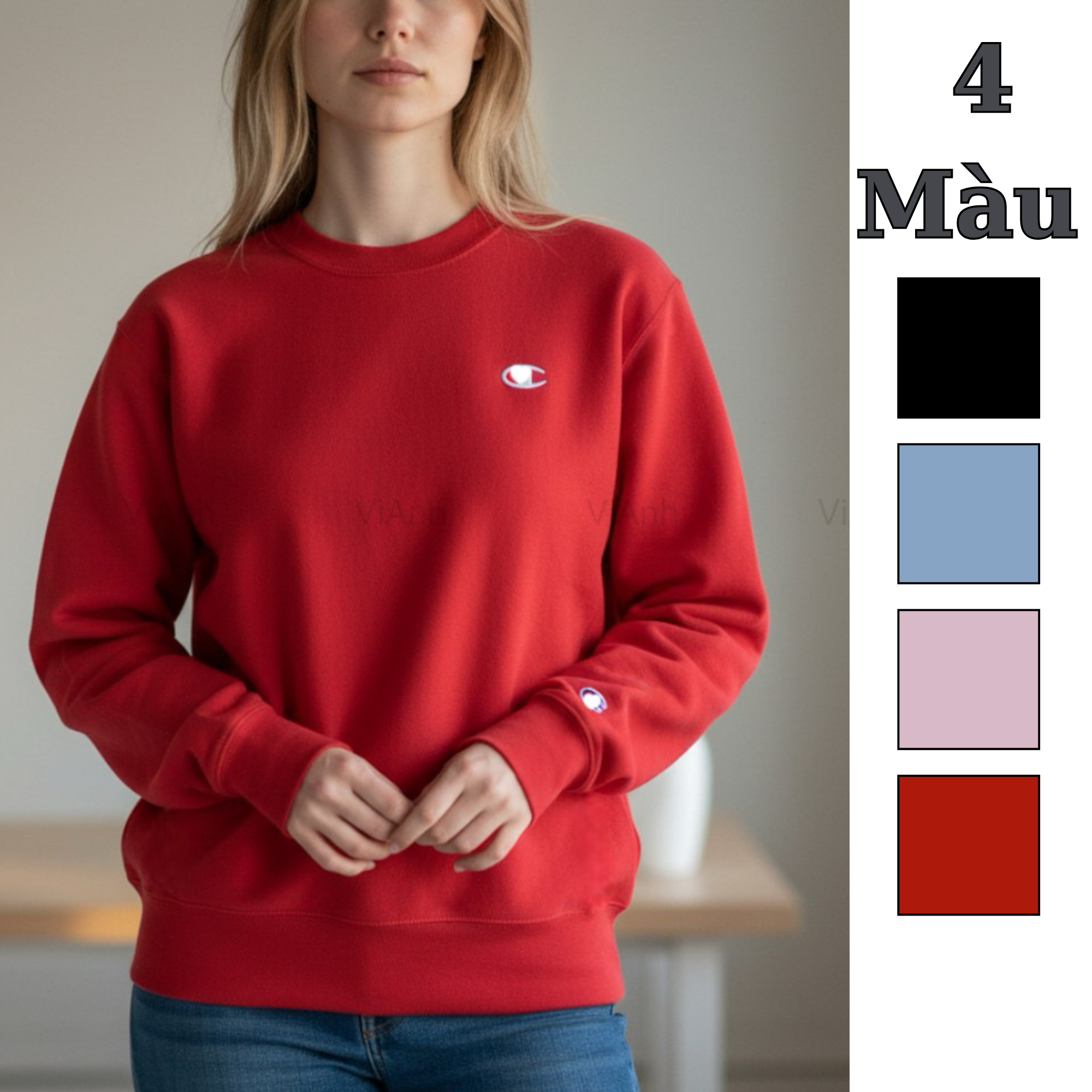Áo sweater nỉ thêu logo ngực style US UK / đen - hồng - đỏ - xanh dương
