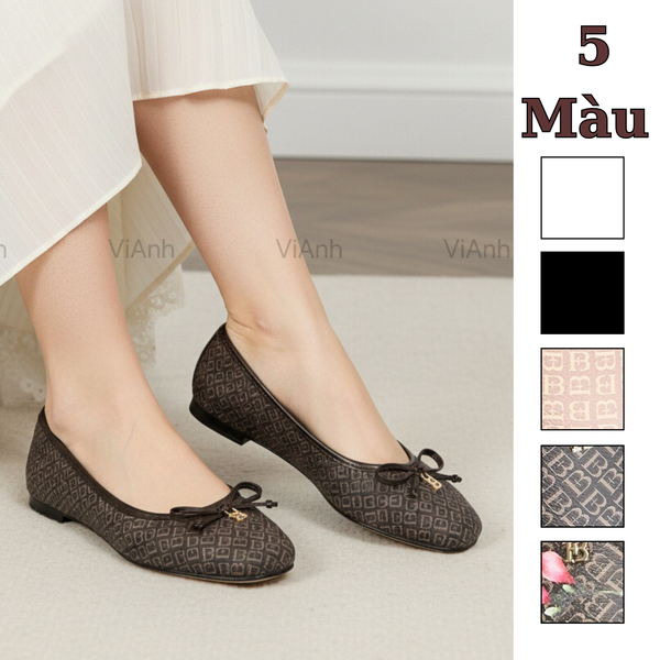 Giày bệt nơ chữ B style US UK / Trắng - Đen - Hoa - Be - Nâu