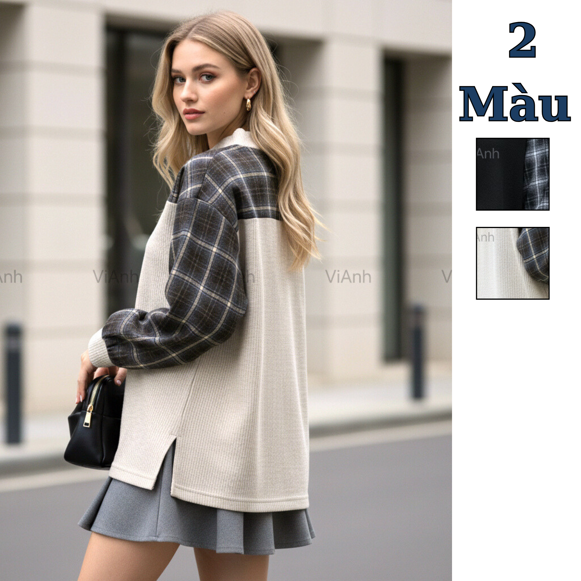 Áo dài tay len phối kẻ style Nhật / V4 đen - V5 xám