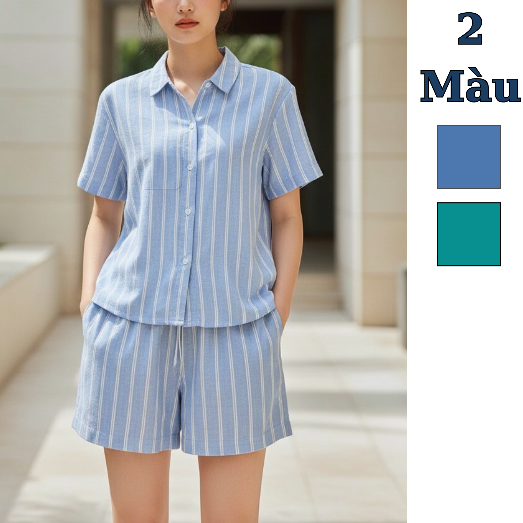 Bộ mặc nhà cotton linen style Âu Mỹ D811 - D812 / XANH LÁ KẺ - XANH DƯƠNG KẺ