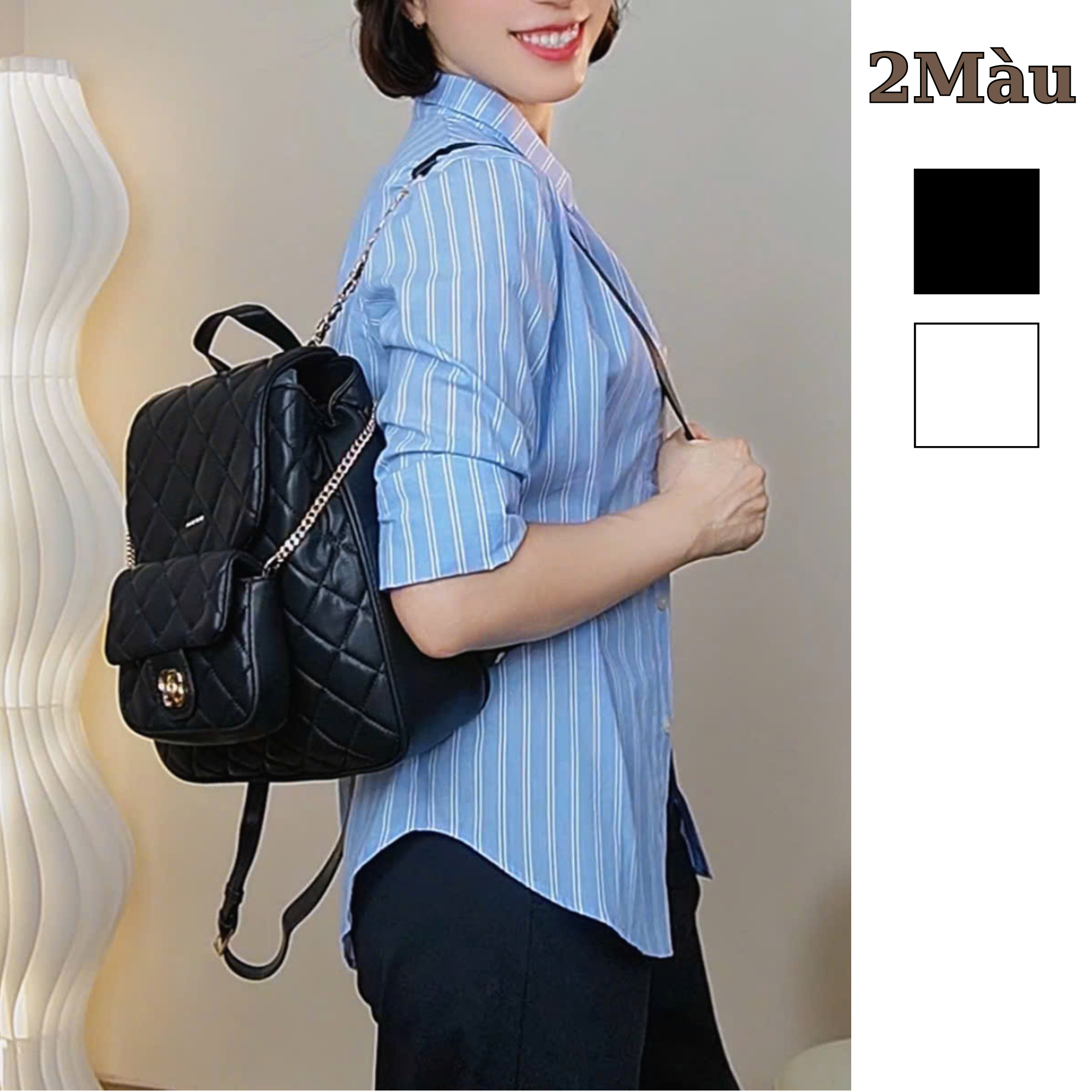 Balo da mềm chần chéo kèm túi nhỏ / miệng 22cm - đáy 25 - cao 28cm  / T60 đen - T60A Trắng