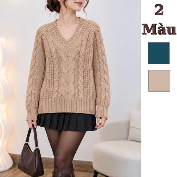 Áo len dài tay vặn thừng phom rộng kiểu Âu Mỹ