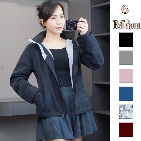 Áo khoác 2 lớp KÈM MŨ tay bo len NET ( hồng E4 , ghi E5 , đỏ E6 , đen E7 , xanh E8 , rằn ri E9 )