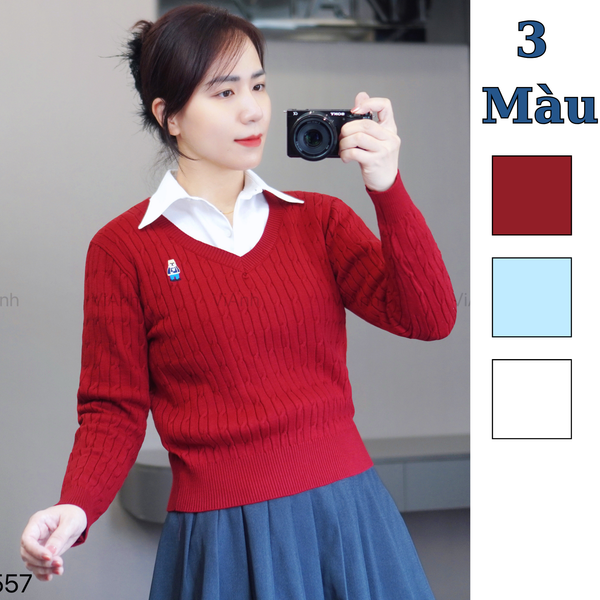 Áo len dài tay cổ tim style Hàn / E6 trắng , E7 đỏ , E8 xanh