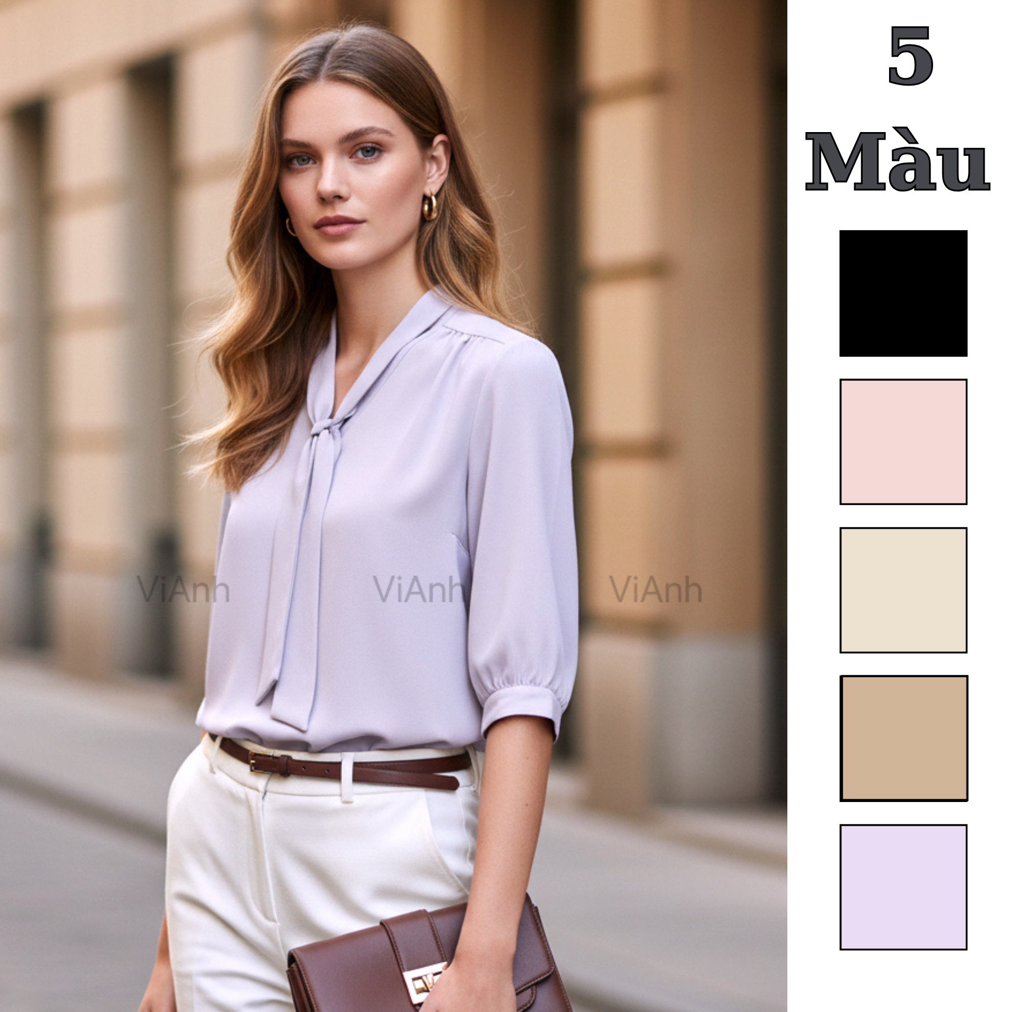 Áo sơ mi cổ nơ stye Hàn / Đen - Nâu - Hồng - Tím - Be