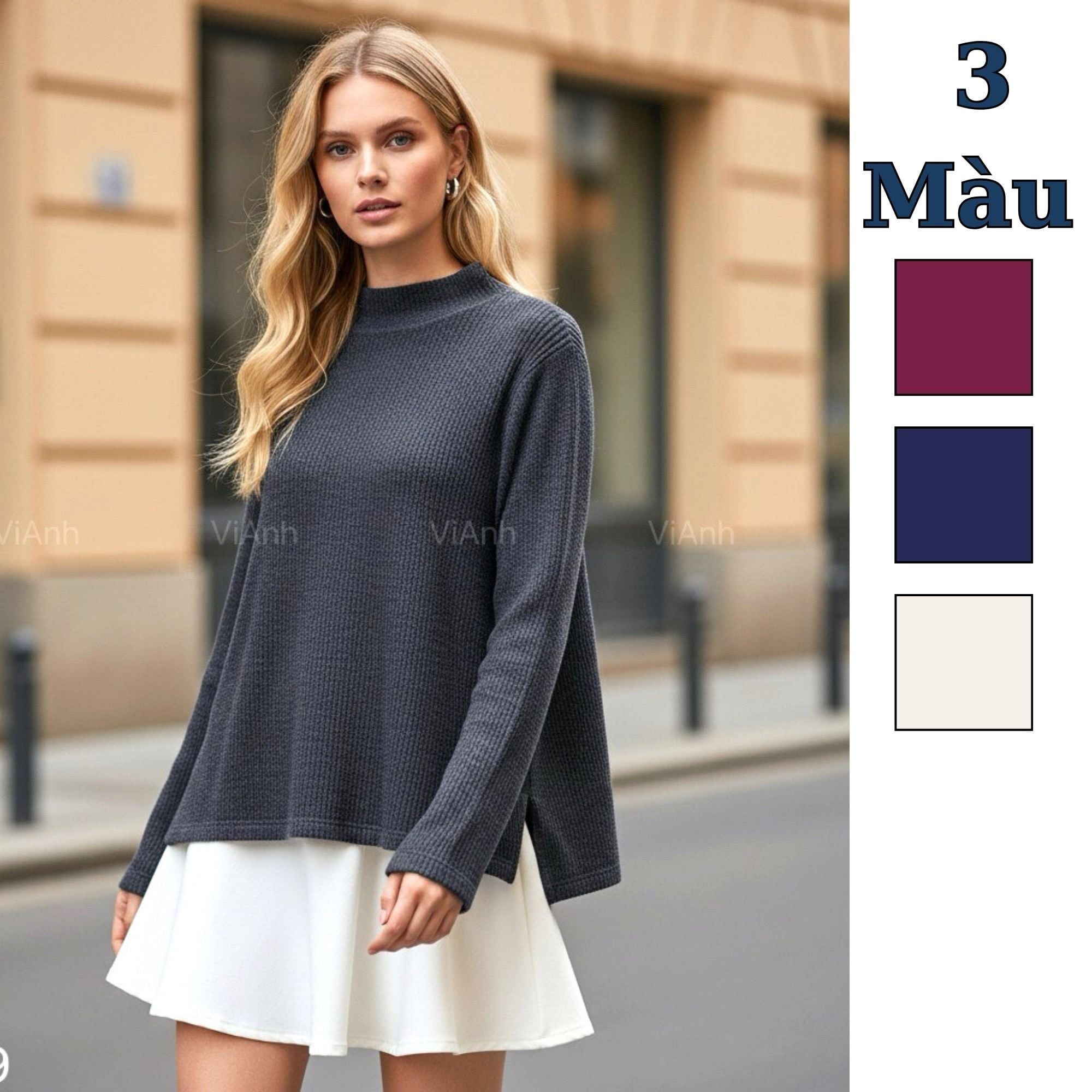 Áo len cổ 5 phân style Nhật / Ghi đen C1 - Đỏ C2 - Trắng kem C3