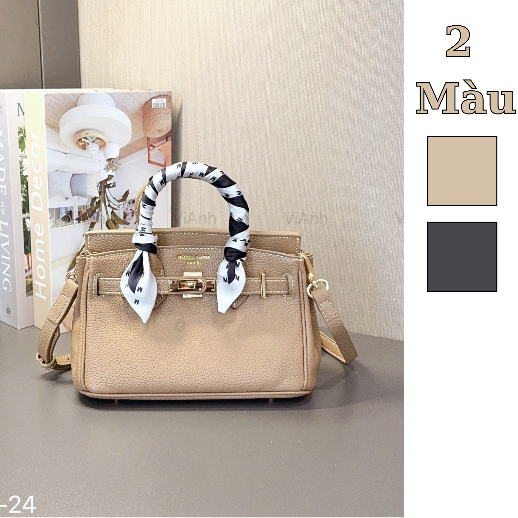 Túi xách Mecco Kerna chữ nhật xách tay da vân in logo CĐC CHR khăn / 20x14