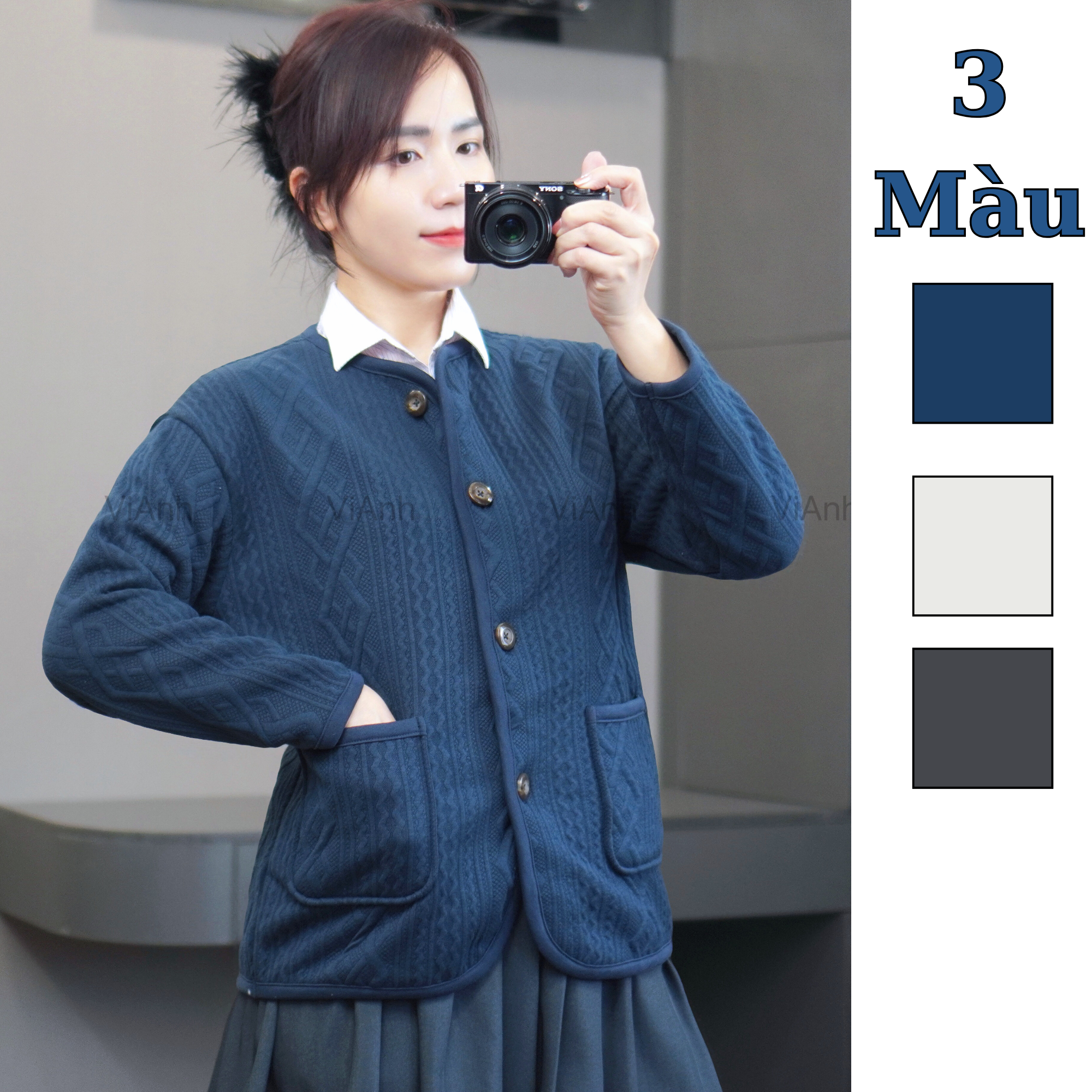 Áo khoác len xuất Nhật / Xám đen E6 - Trắng xám E7 - Xanh E8