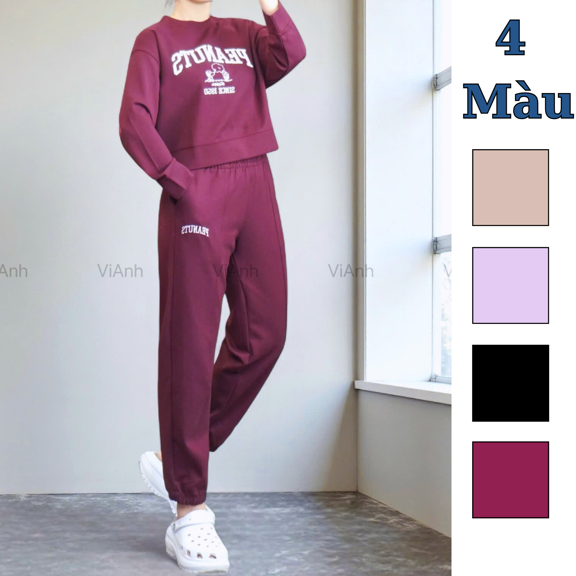 Bộ dài tay hình thêu PEANUTS Uni chất Umi Hàn