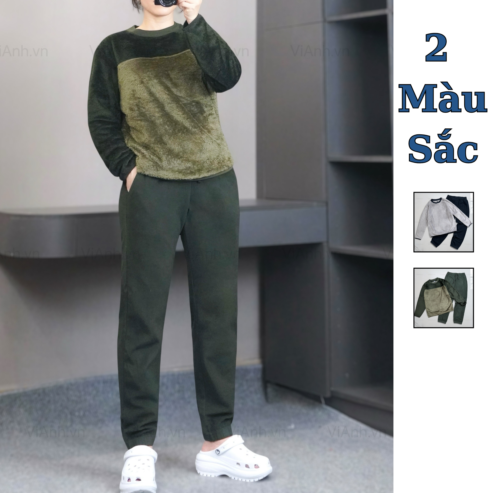 Bộ nỉ bông phối màu style Hàn ( B74 xanh lá - B75 Be kem)