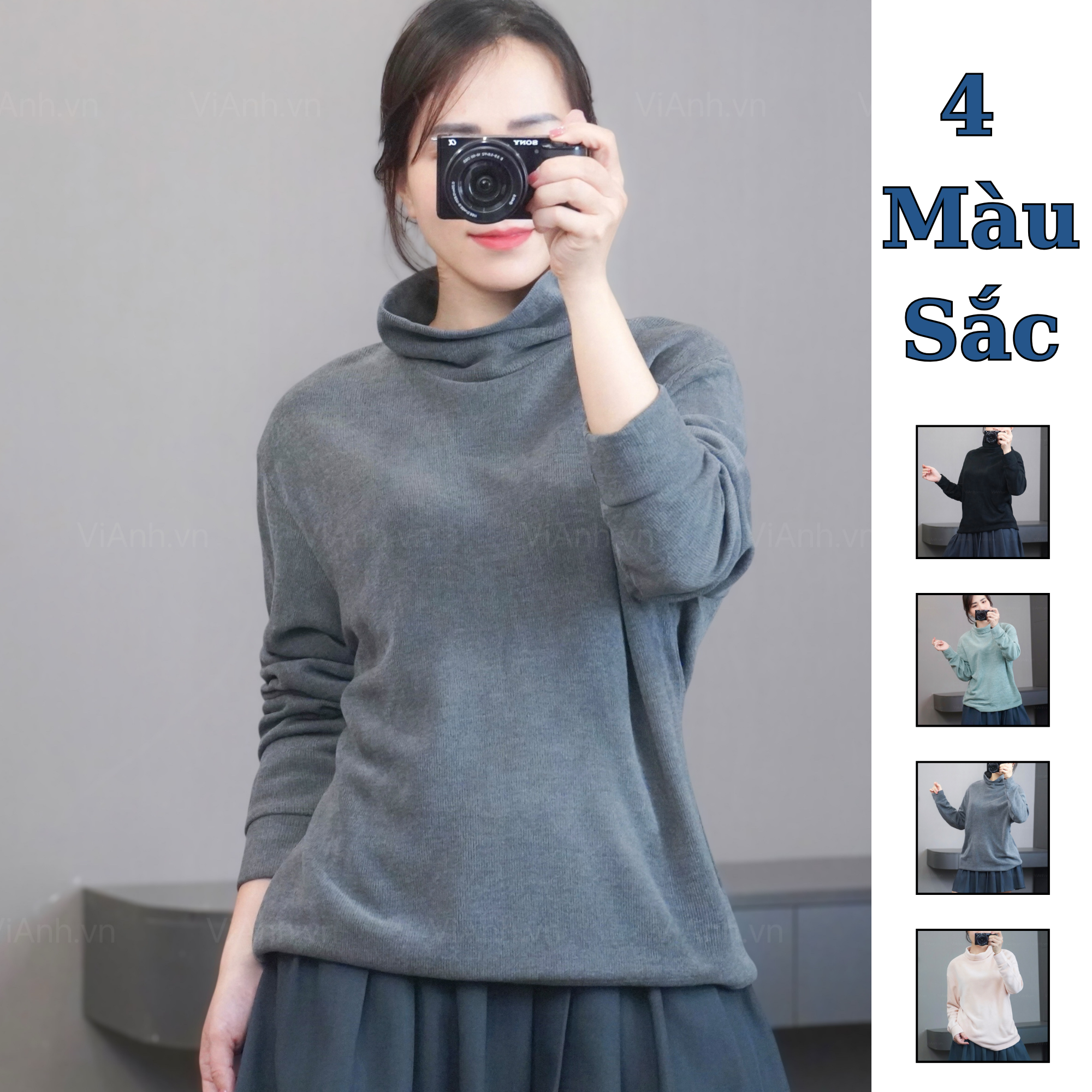 Áo len cao cổ UNI phom rộng (  C6 đen , C7 xanh lá , C8 ghi , C9 hồng )