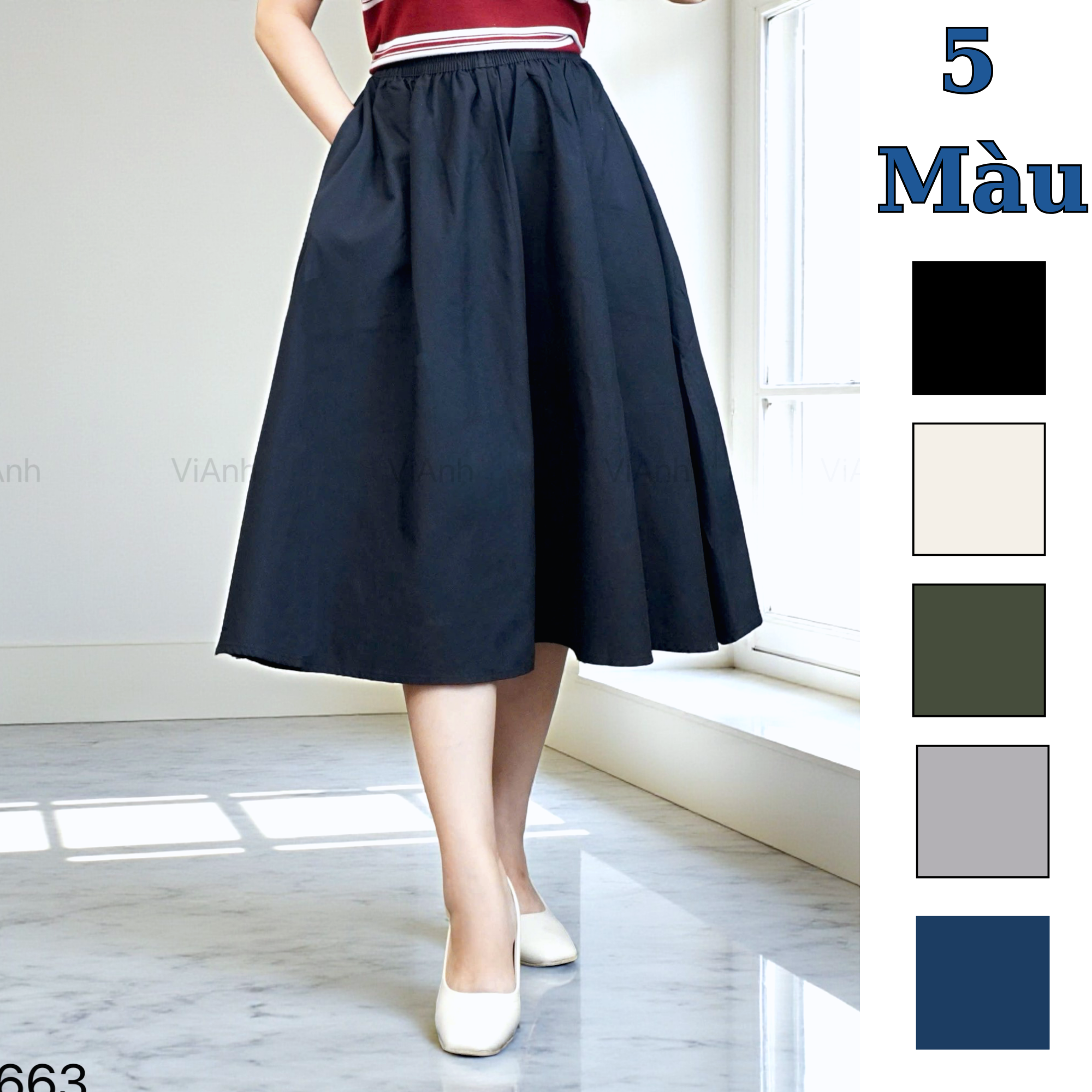 Chân váy dáng dài, lưng chun style Hàn / C2 xám , C3 xanh than , C4 đen, C5 xanh rêu , C6 trắng kem