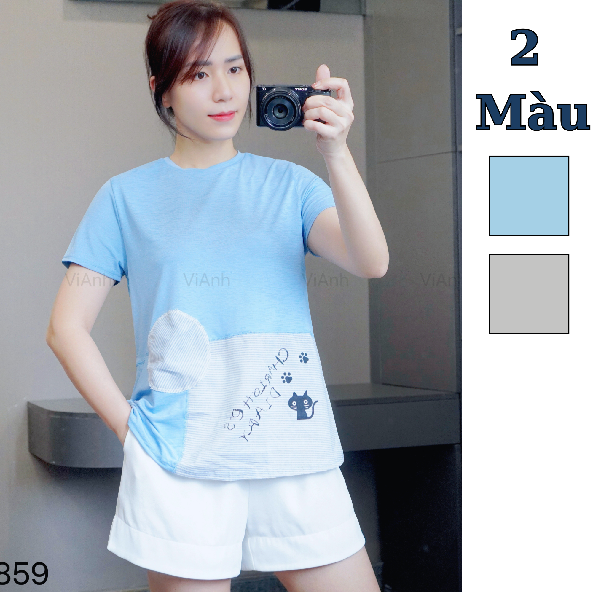 Áo thun ngắn tay kẻ sọc, in chữ style Hàn