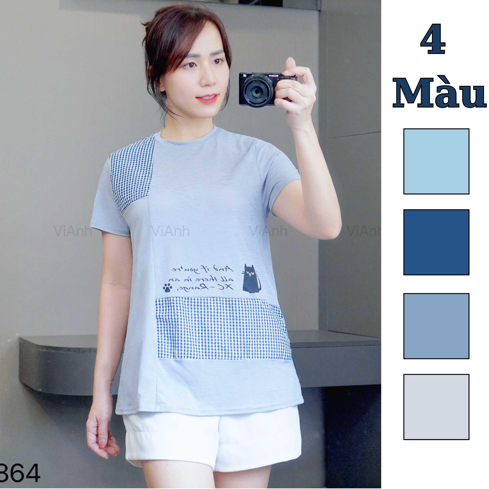 Áo thun ngắn tay kẻ karo, in chữ style Hàn