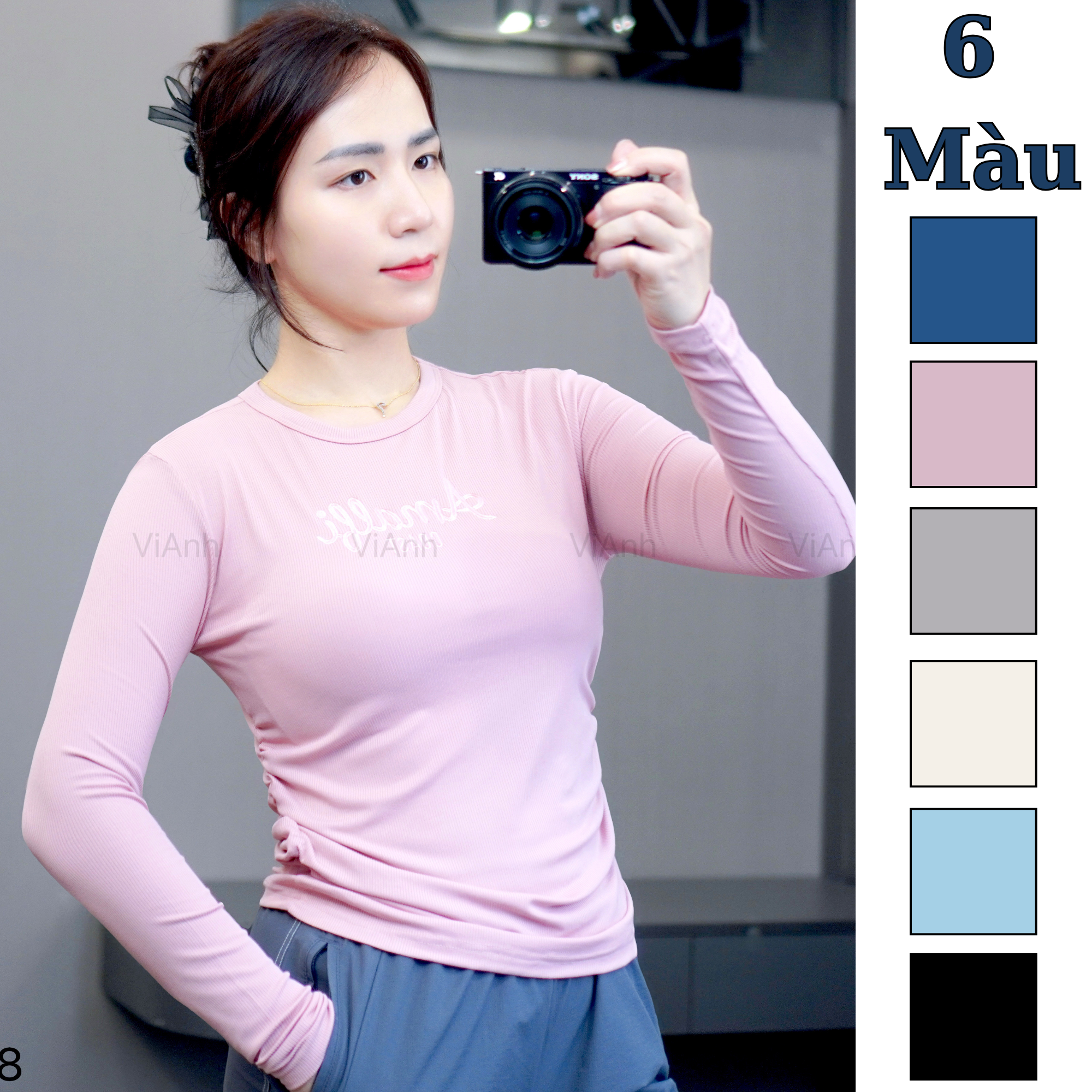 Áo len tăm dài tay nhún eo style Hàn / G44 trắng , G45 đen , G46 xám , G47 xanh than , G48 hồng , G50 xanh nhạt