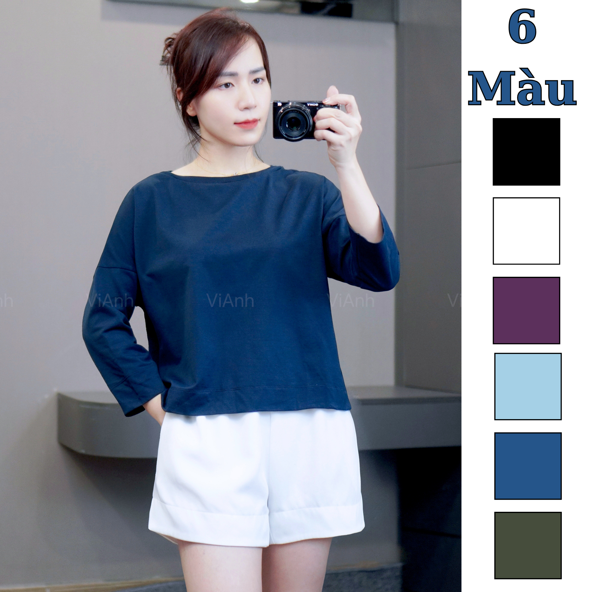 Áo thun tay lửng dáng vừa style Nhật / Rêu D2 / Xanh nhạt D4 / Trắng D5 / Navy D6 / Đen D7