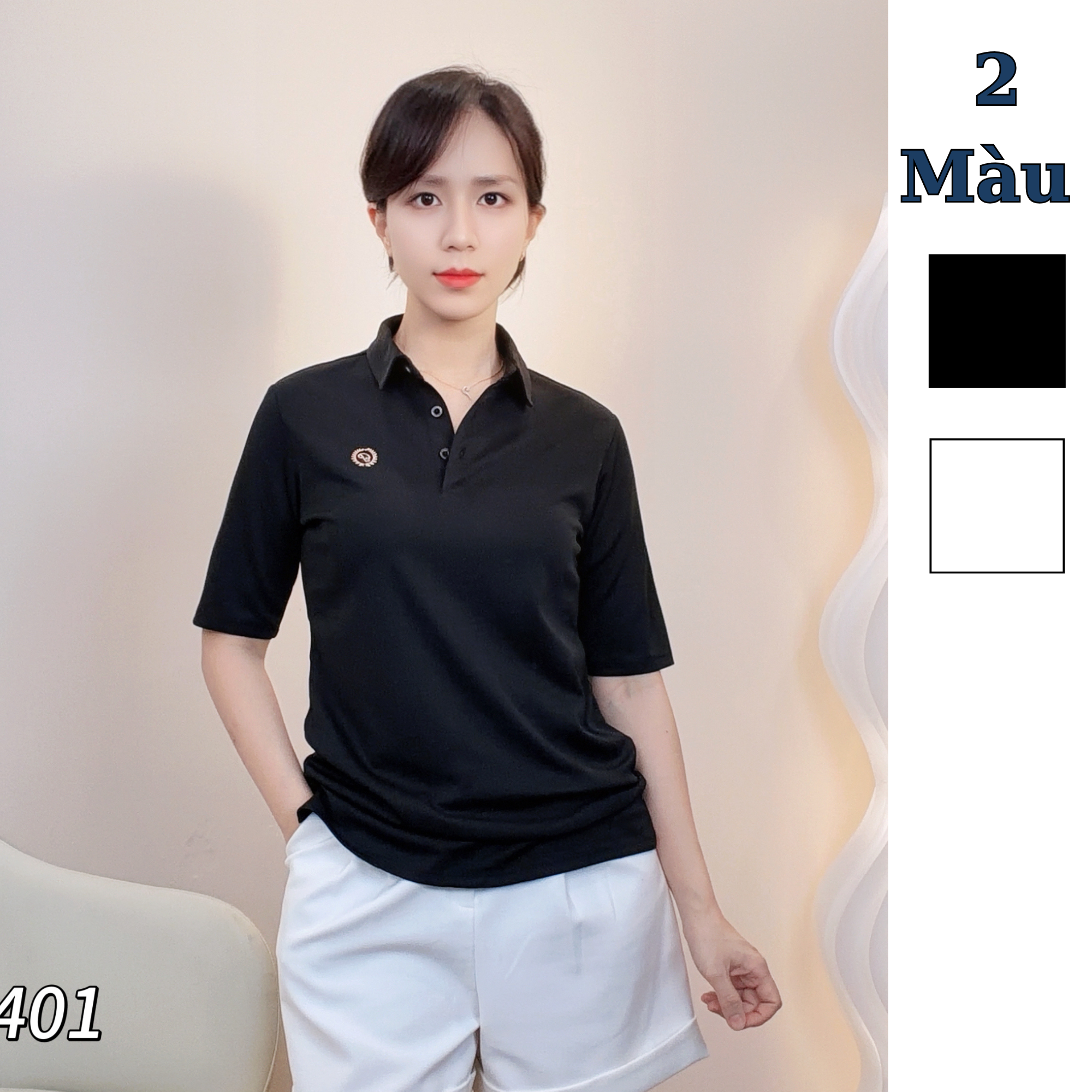 Áo thun có cổ thêu ngực style Hàn / D400 trắng , D401 đen