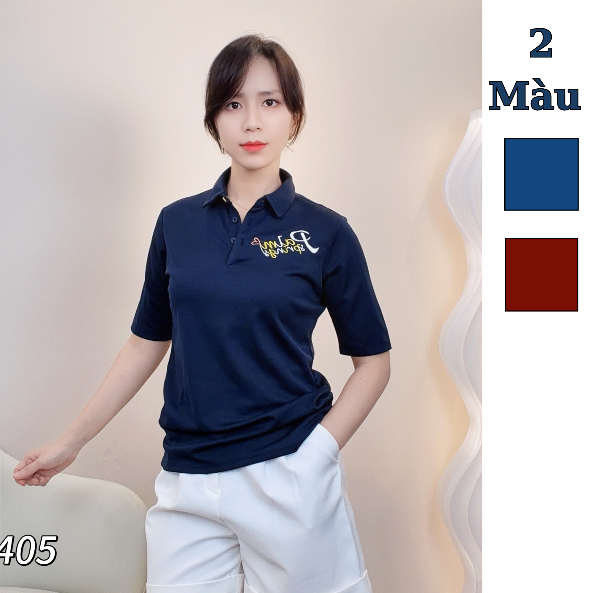Áo thun có cổ thêu vai + ngực style Hàn / D404 đỏ , D405 xanh than