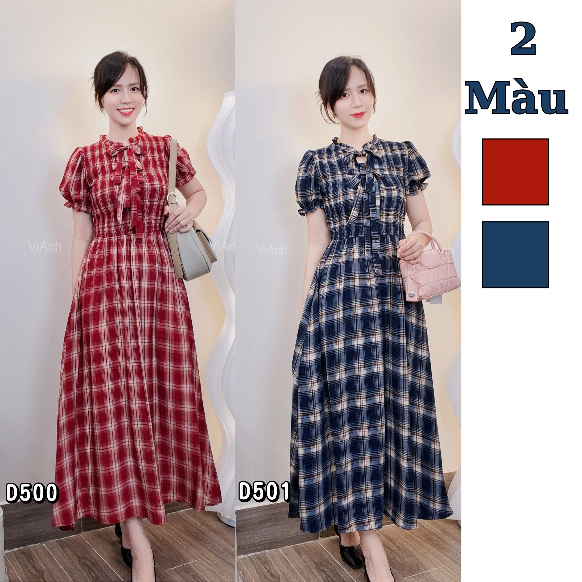 Đầm Váy dài kẻ style US / D500 đỏ kẻ , D501 xanh than