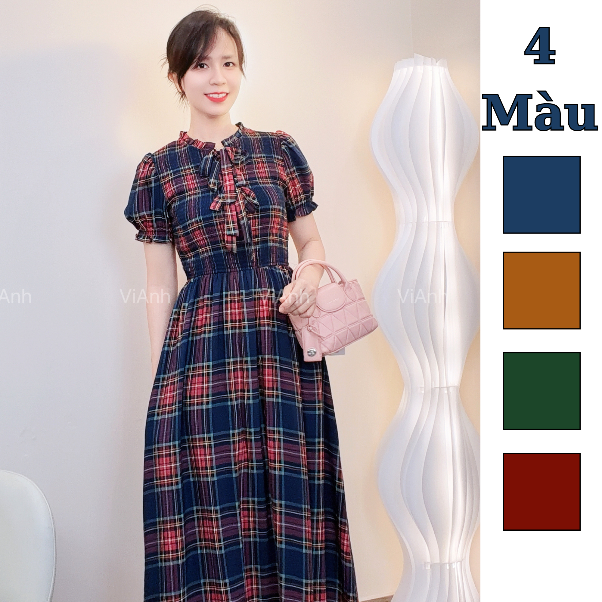 Đầm Váy dài kẻ style US / D498 tím kẻ hồng , D499 nâu kẻ , D516 nâu cam , D517 xanh lá kẻ đỏ