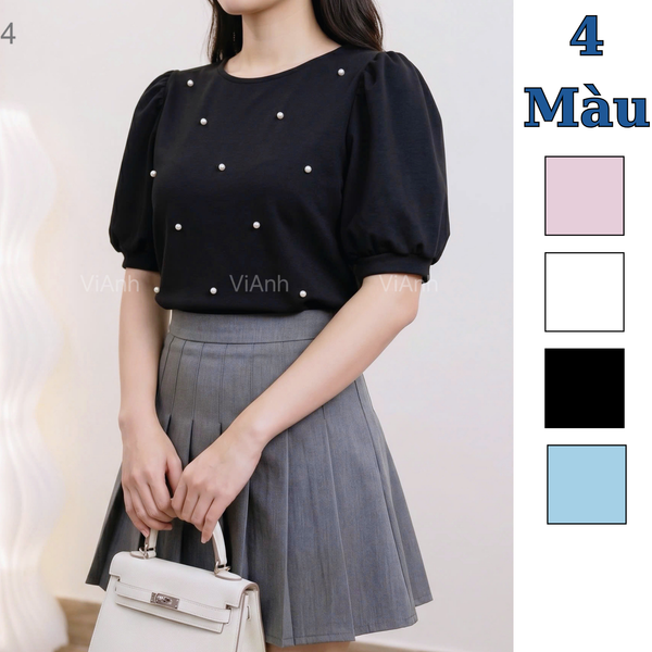 Áo ngắn tay đính ngọc style Nhật / D542 trắng , D543 xanh , D544 đen , D545 hồng