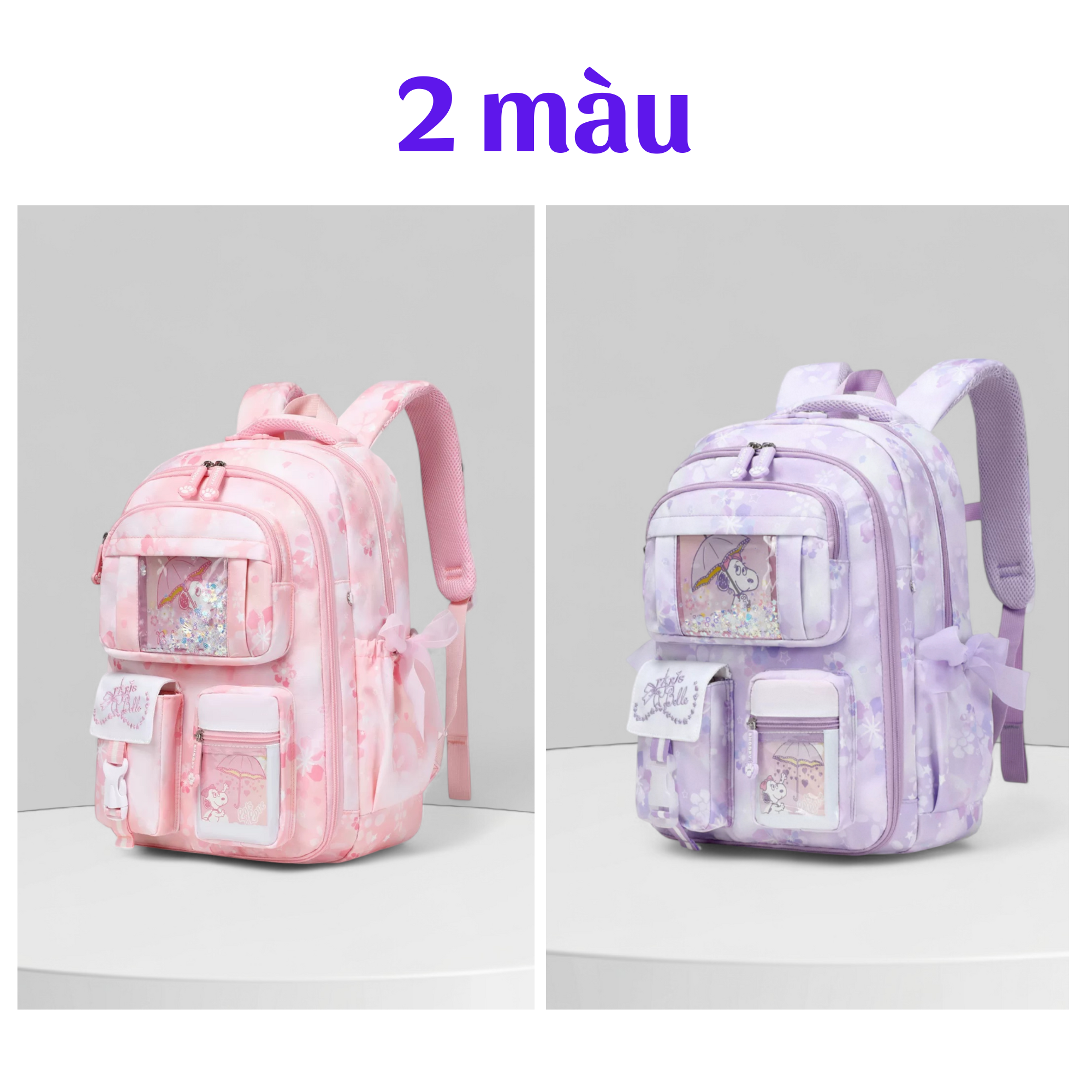 Balo B27 Snoppy vải dù phối nơ XK1427 / 28x40 / TÍM - HỒNG