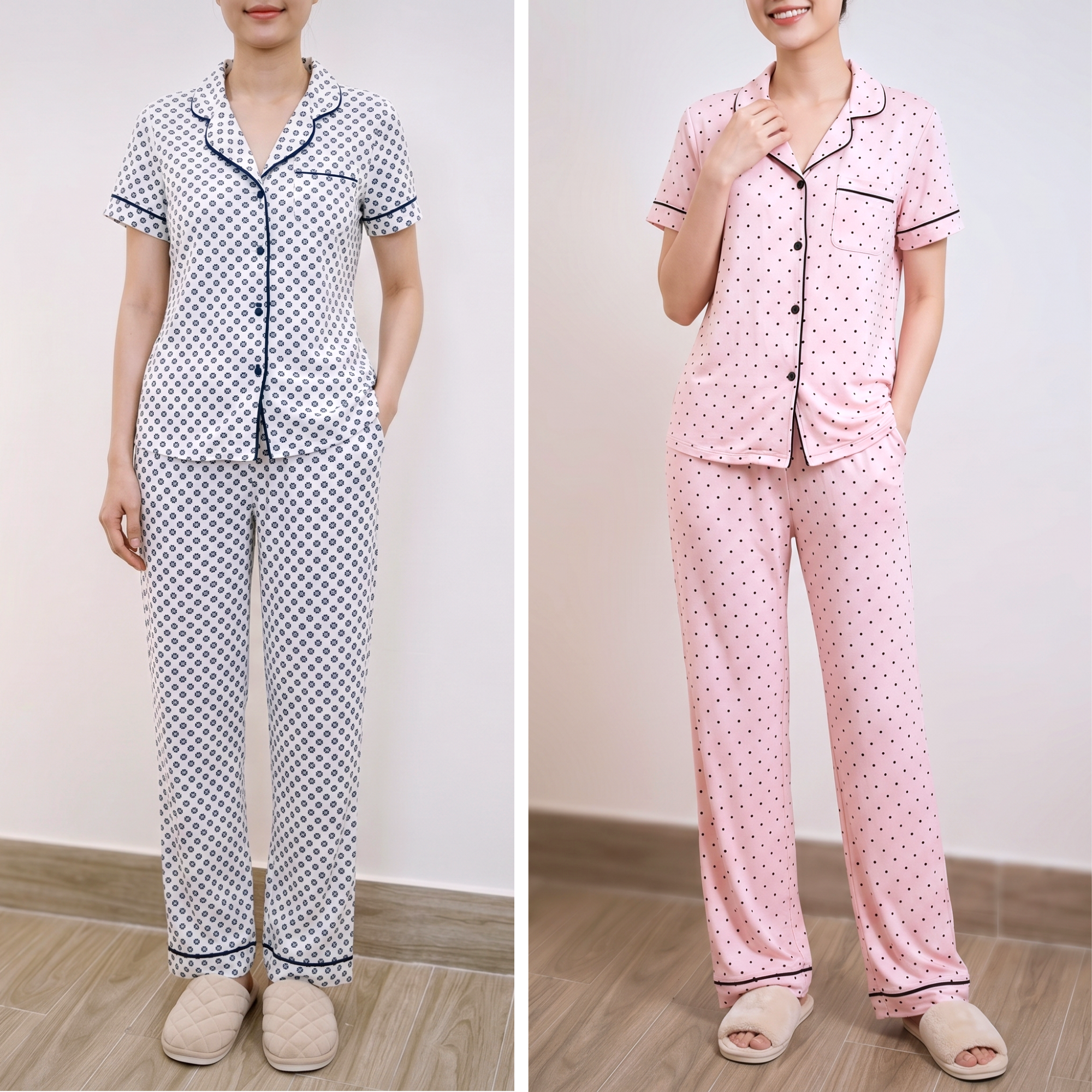 Bộ ngủ áo ngắn quần dài style us uk / D584 trắng hoa xanh , D585 hồng chấm bi