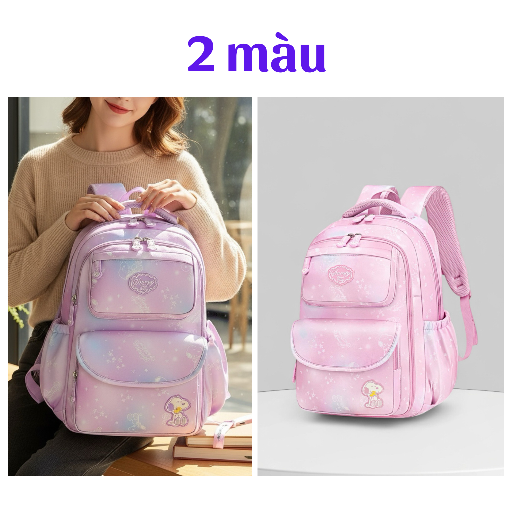 Balo Snoppy vải dù hoạ tiết / 26x40 / TÍM - HỒNG