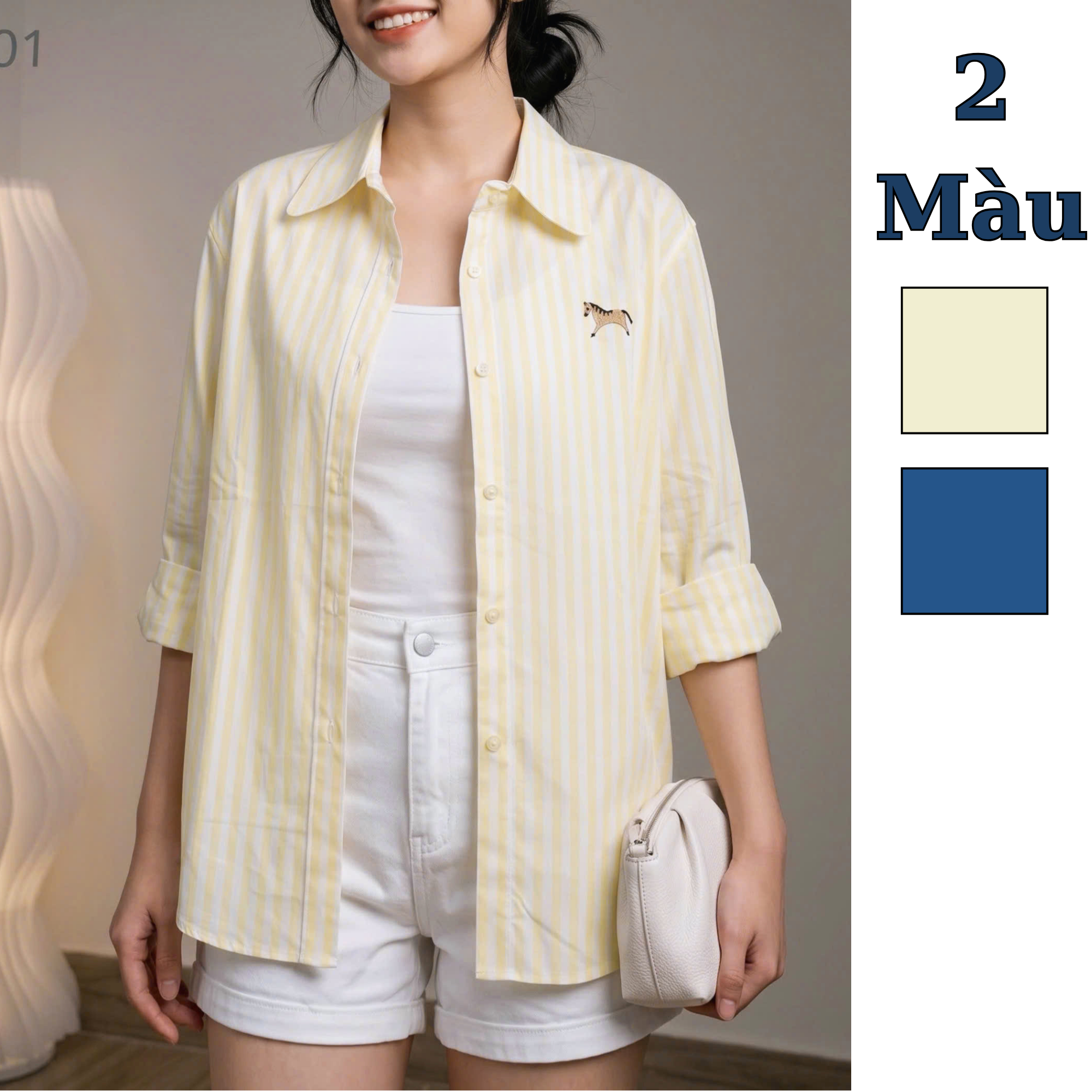 Áo sơ mi KẺ thêu hình ngực Xuất Hàn / D601 vàng , D602 xanh
