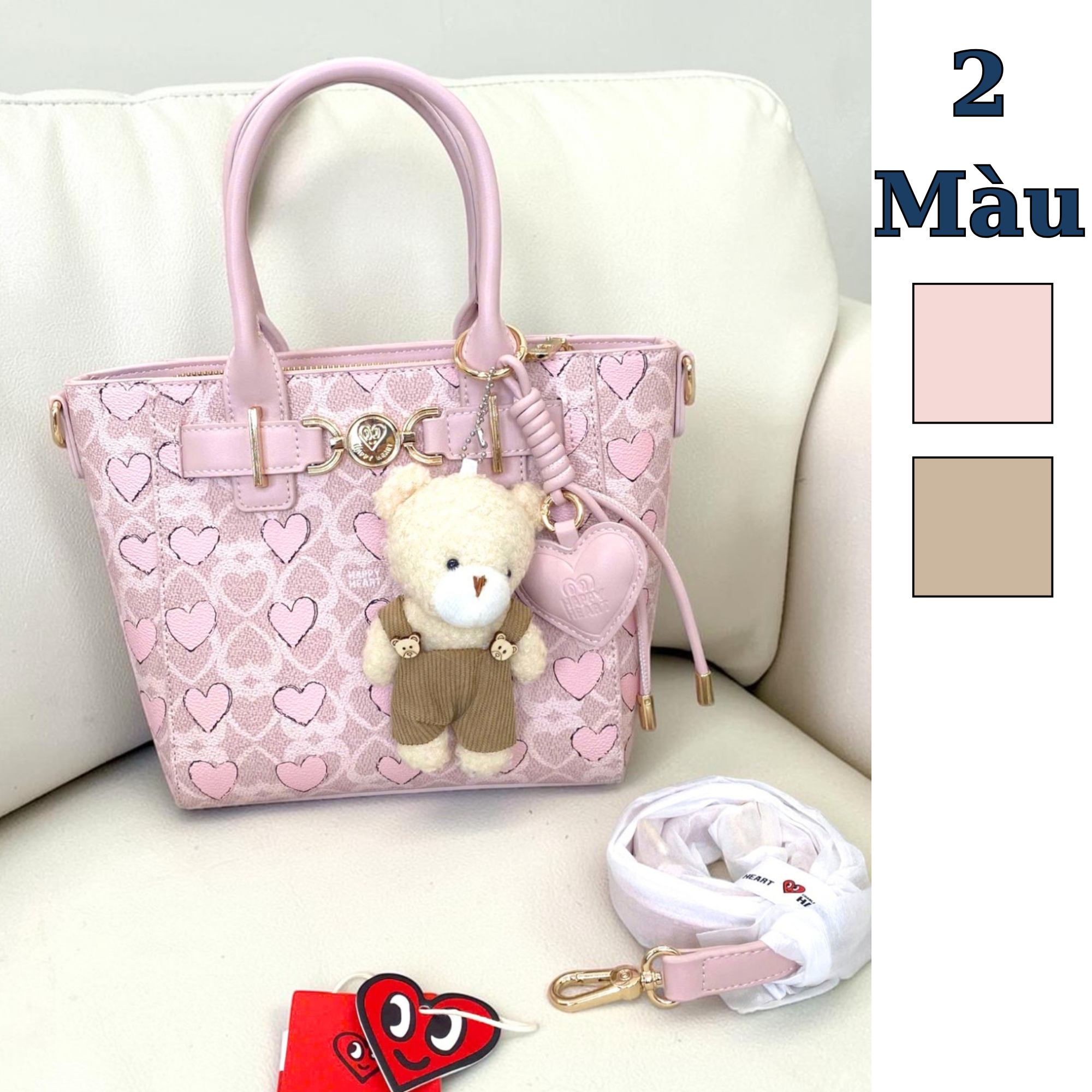 Túi S118 tote mini Happy Heart phom cánh dơi CĐC, CHR / m26 đ20 c20 / HỒNG - NÂU KEM