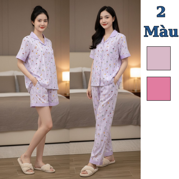 SET đồ ngủ 3 món pijama style Hàn / D681 tím kẻ , D682 hồng kẻ