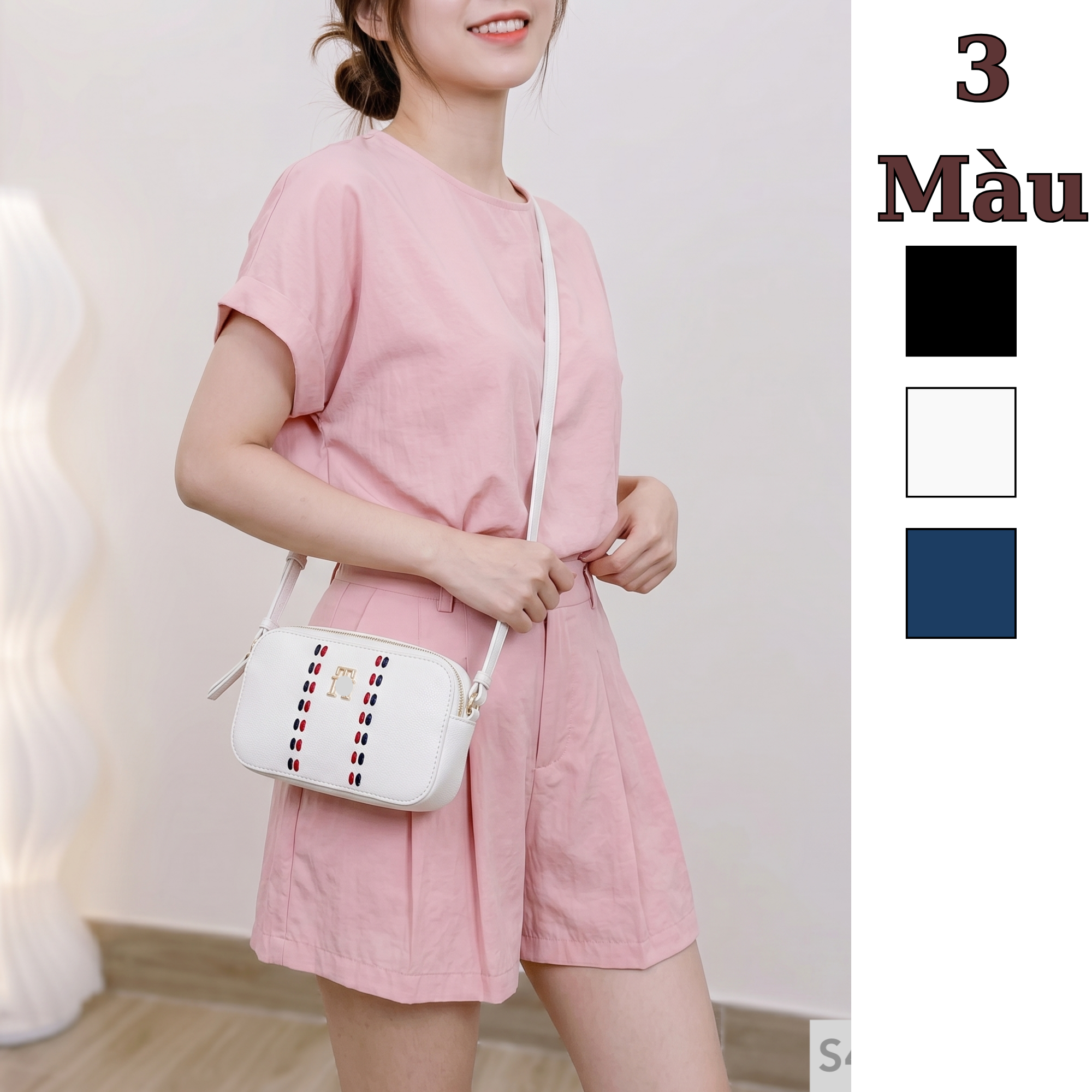 Túi đeo chéo phom hộp style Âu Mỹ / 12 x 20 / TRẮNG - XANH - ĐEN ( xuất dư NL)