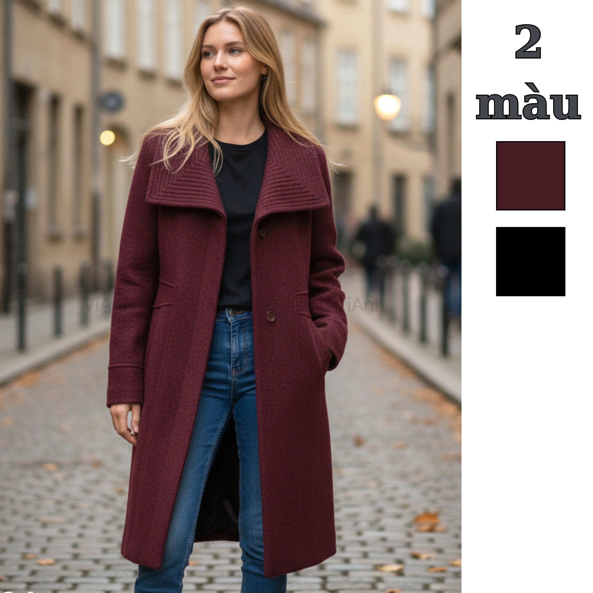 Áo mangto dạ dài cổ bẻ style US UK / ĐỎ ĐẬM - ĐEN