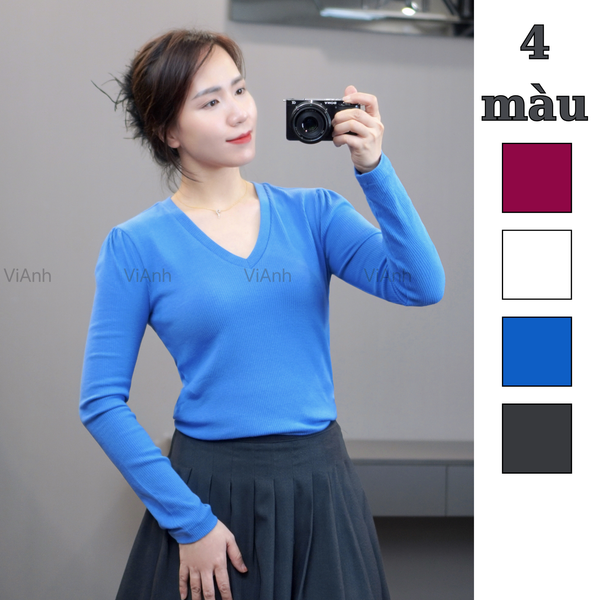 Áo thun gân cổ tim tay bồng style US UK / C5 xanh , C6 đen , C7 hồng , C8 trắng